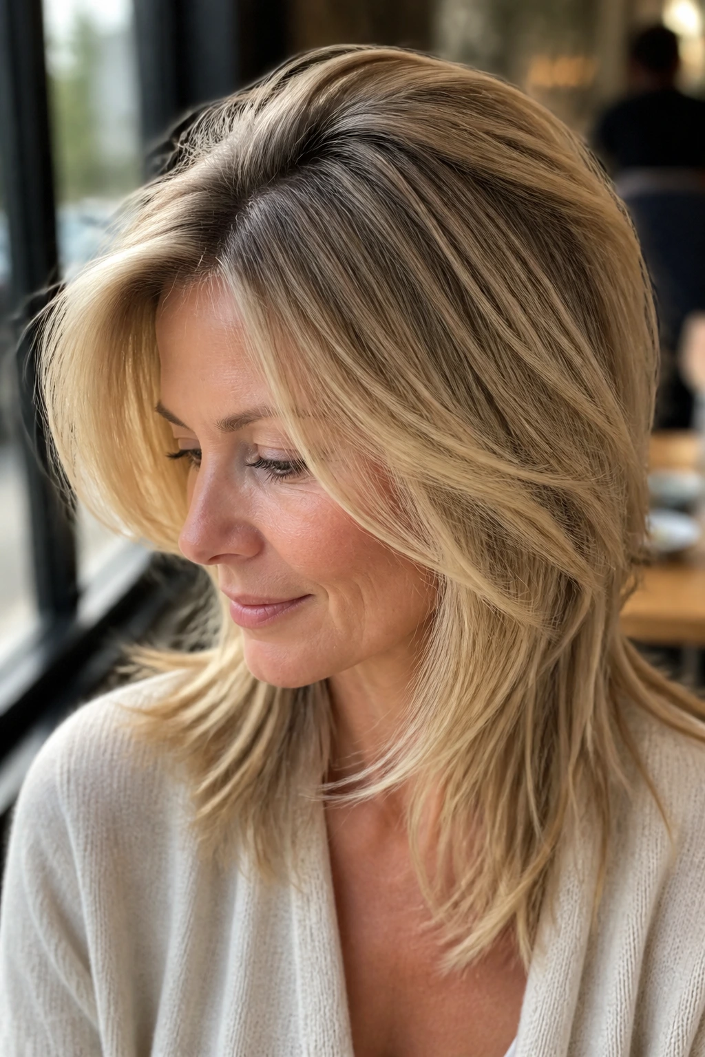 Portrait of a real woman with lifted roots and fine-hair layers framing the cheeks.