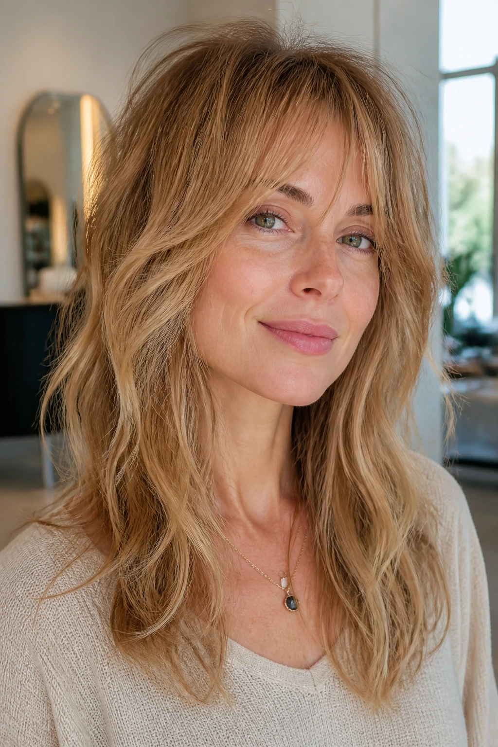Close-up of a real woman with fine hair lifted at the crown in a shag, bright salon