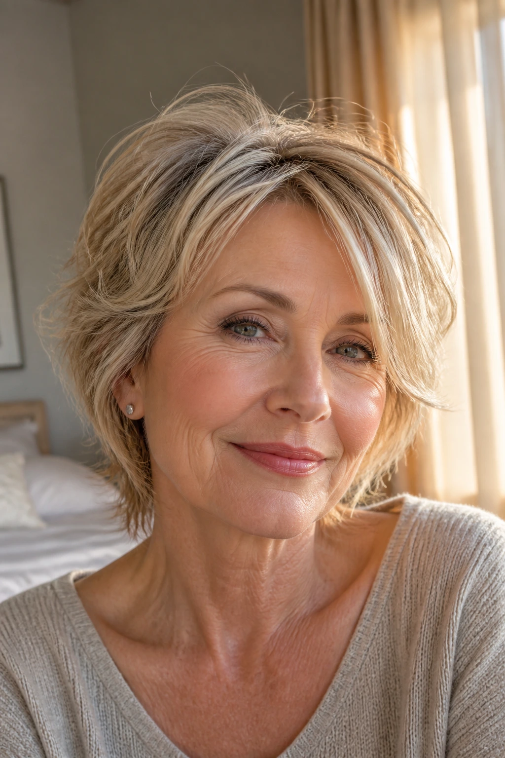 Portrait of a real woman with fine-hair lift shag hairstyle