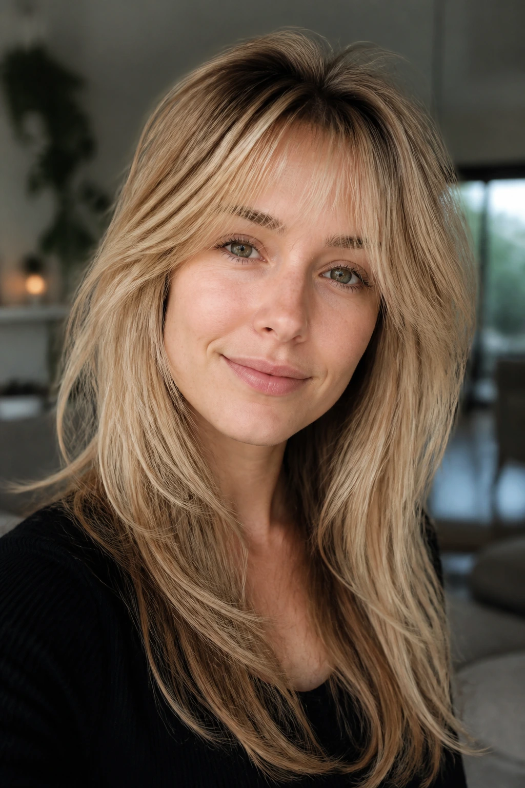 Close-up portrait of a real woman with fine hair and lifted bangs