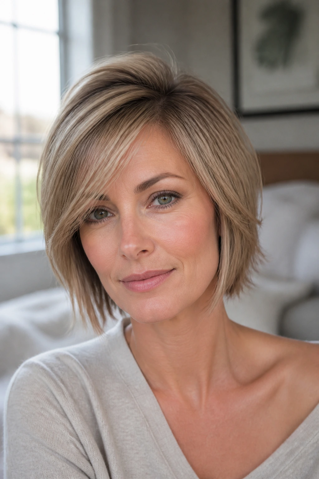 Close-up of a real woman showing lifted fringe in fine hair against a bright window-lit room