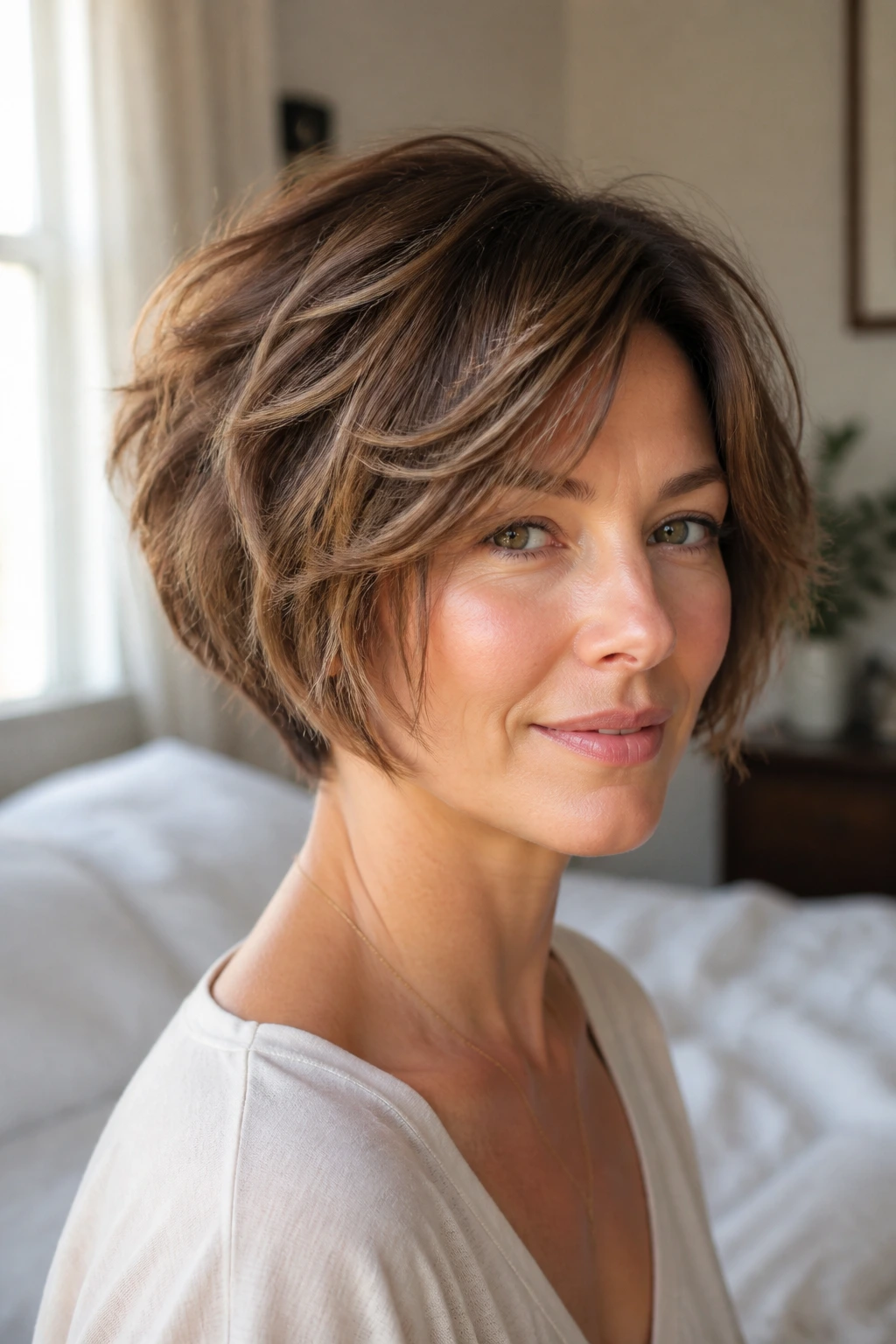 Close-up of a real woman with a lifted stack on fine hair, creating fullness.