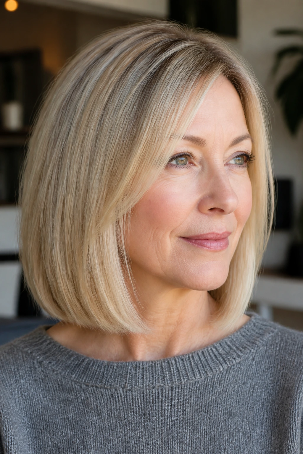 Close-up of a real woman with fine hair and blunt-ended lob.