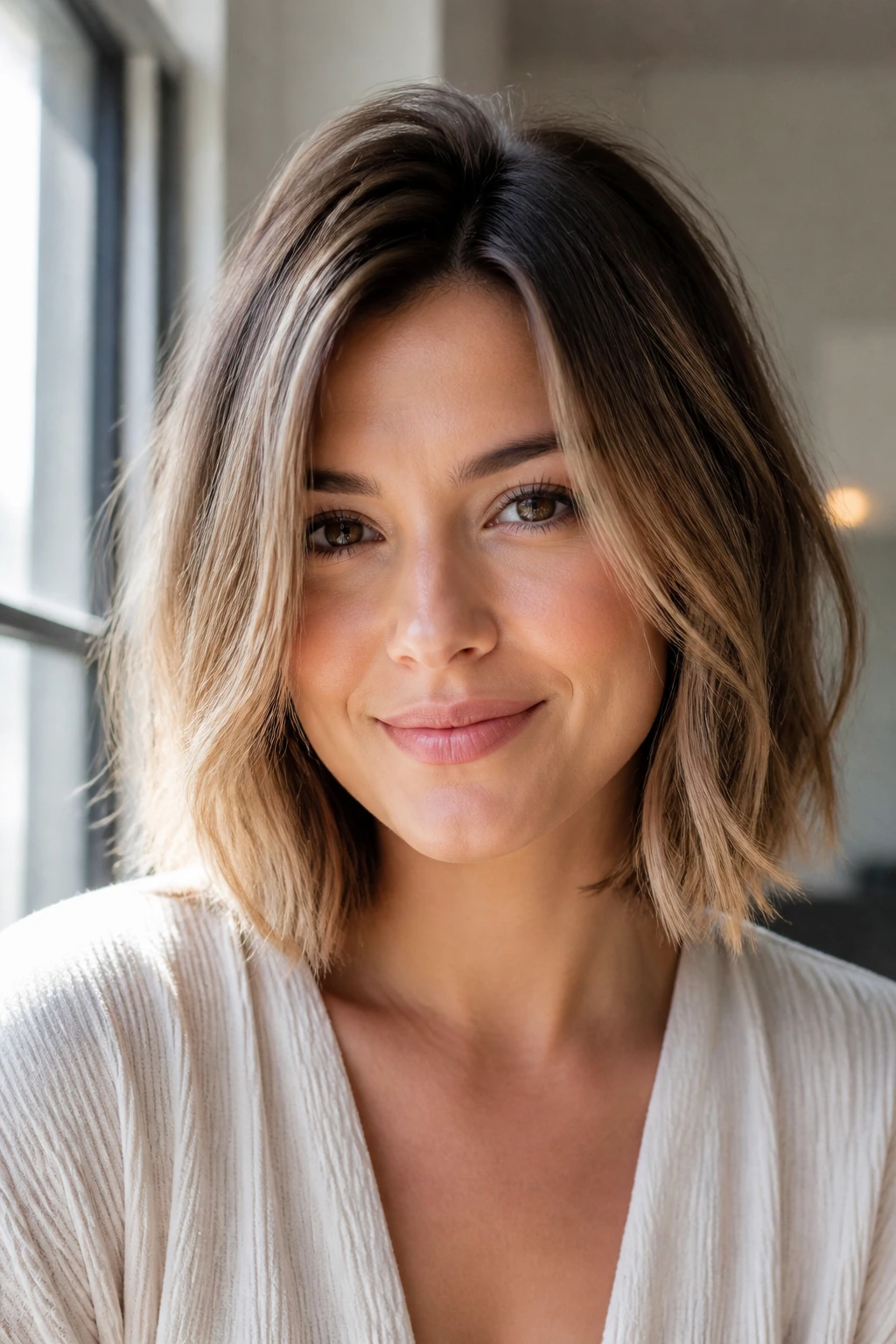Portrait of a real woman with fine-hair lob and lifted crown