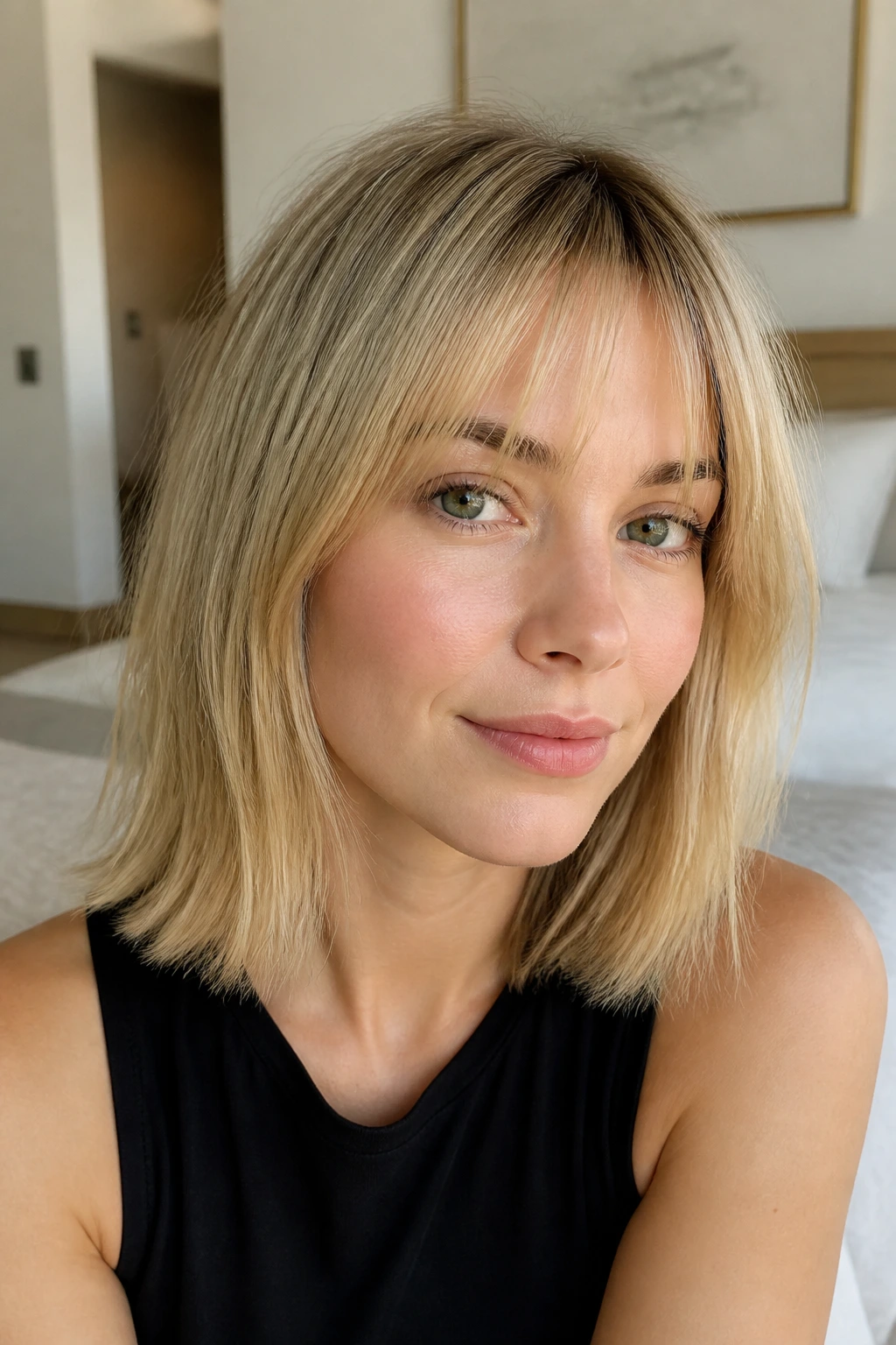 Close-up portrait of a real person with a fine-hair lob and light see-through fringe