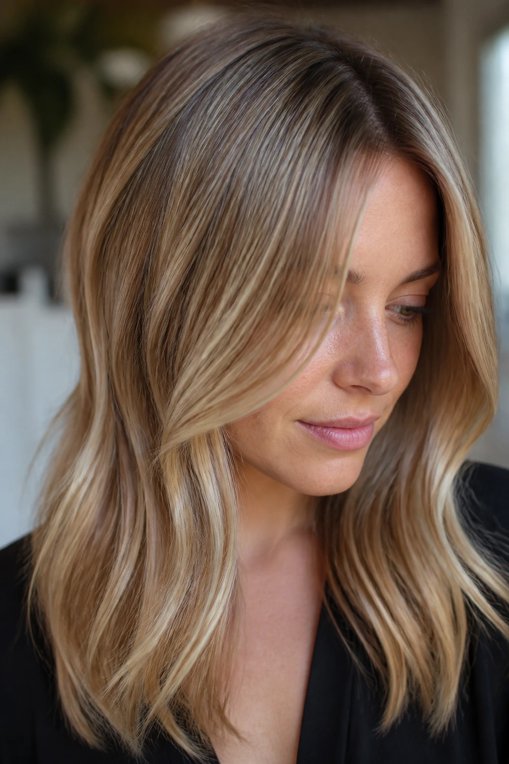 Close-up of fine hair with micro balayage in beige-gold