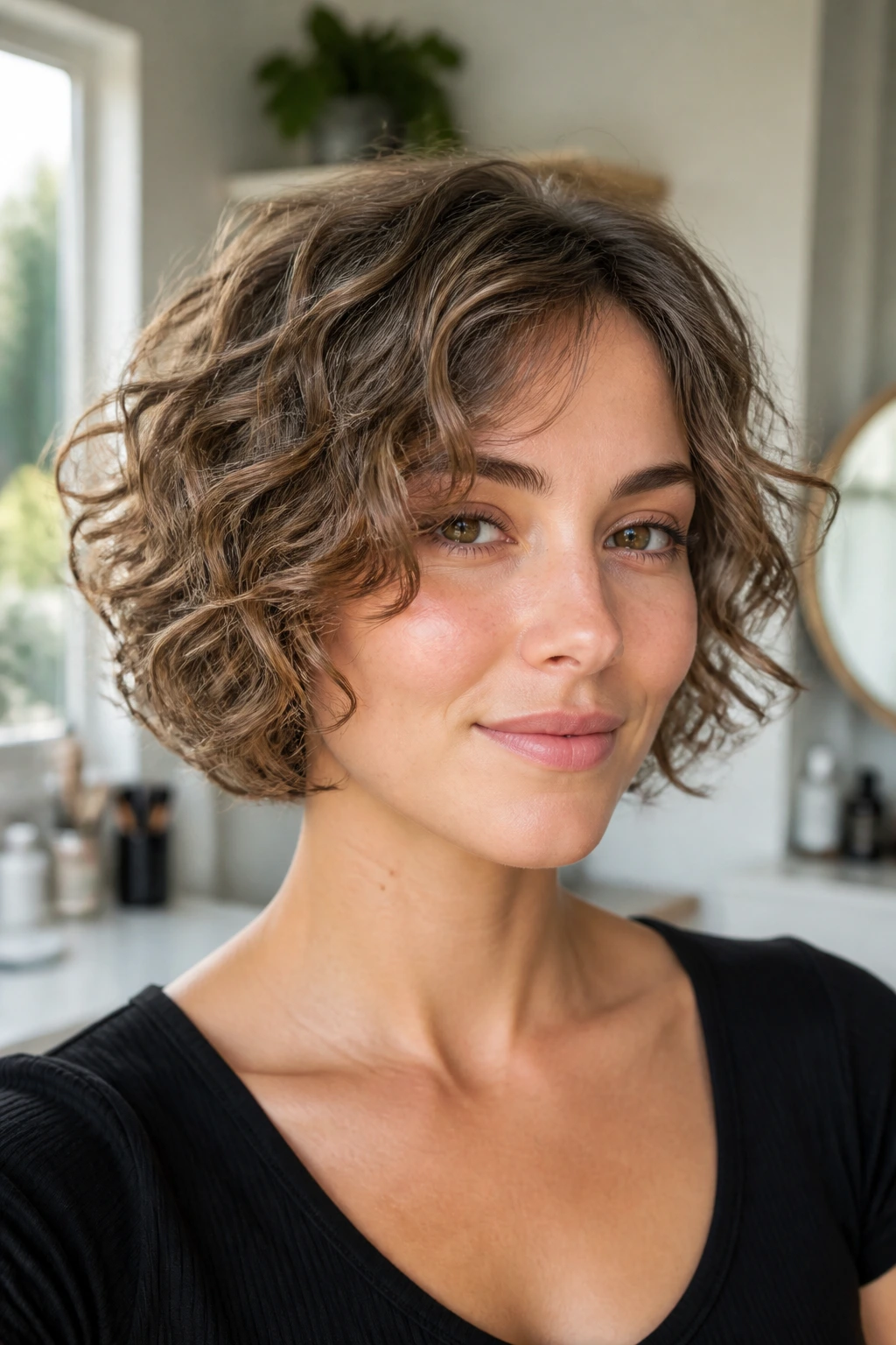 Close-up of a real woman with fine hair and micro layers in bright daylight