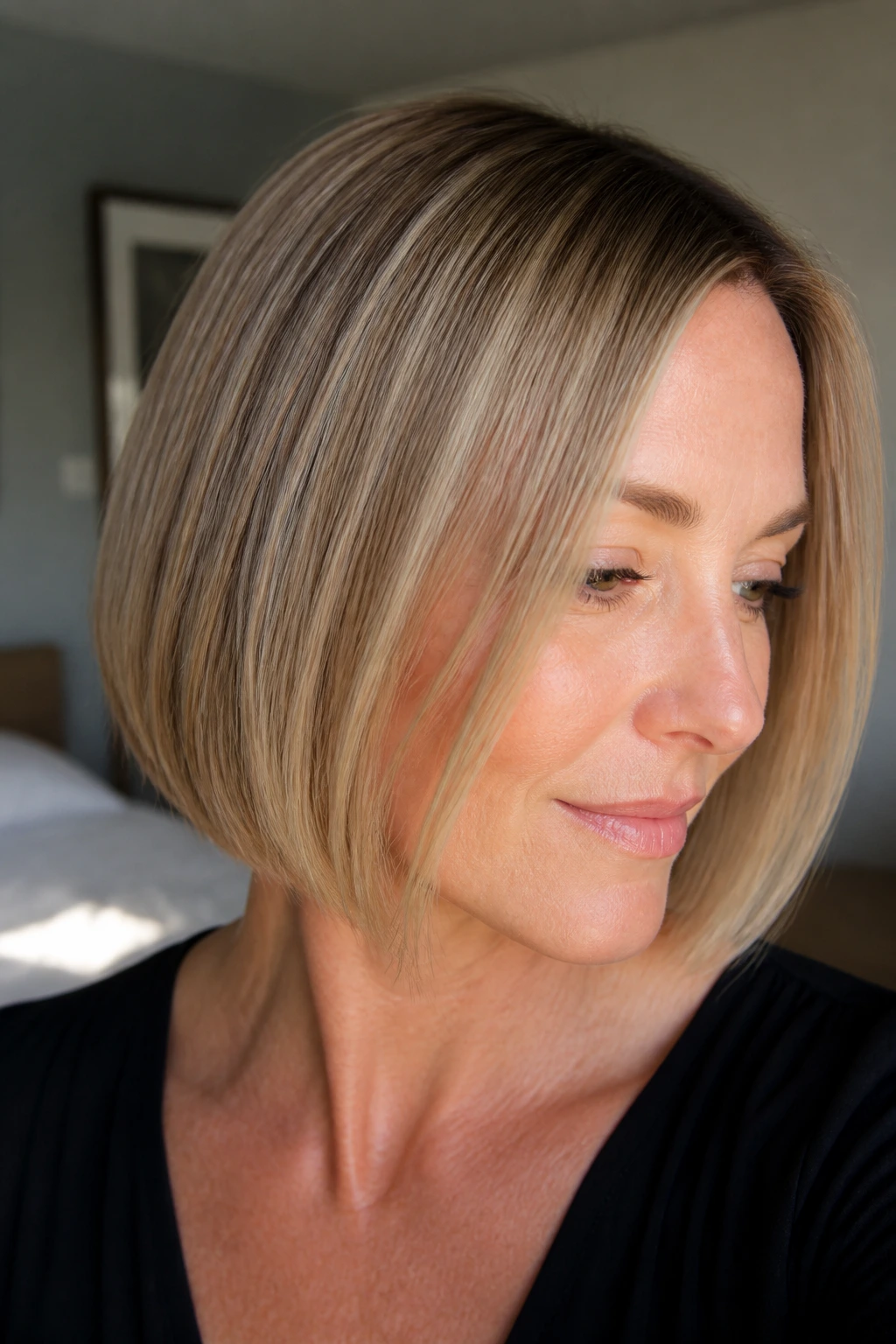 Close-up of Fine-Hair Bob with micro-lowlight weaving on a real woman