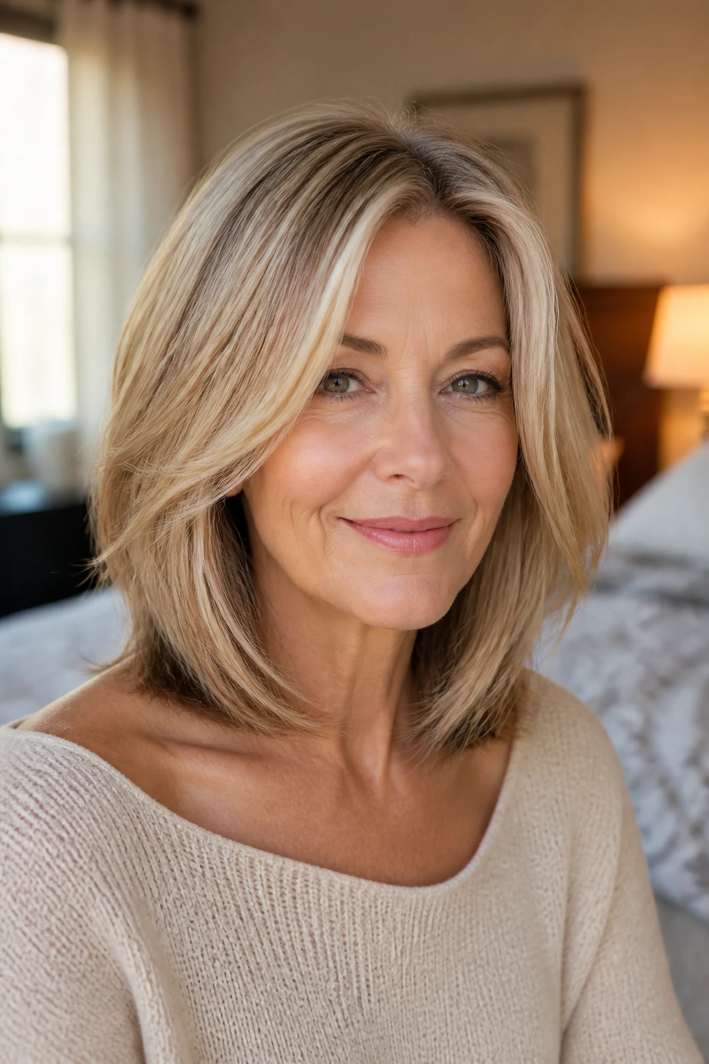 Portrait of a woman with fine hair mid-length cut showing tidy perimeter