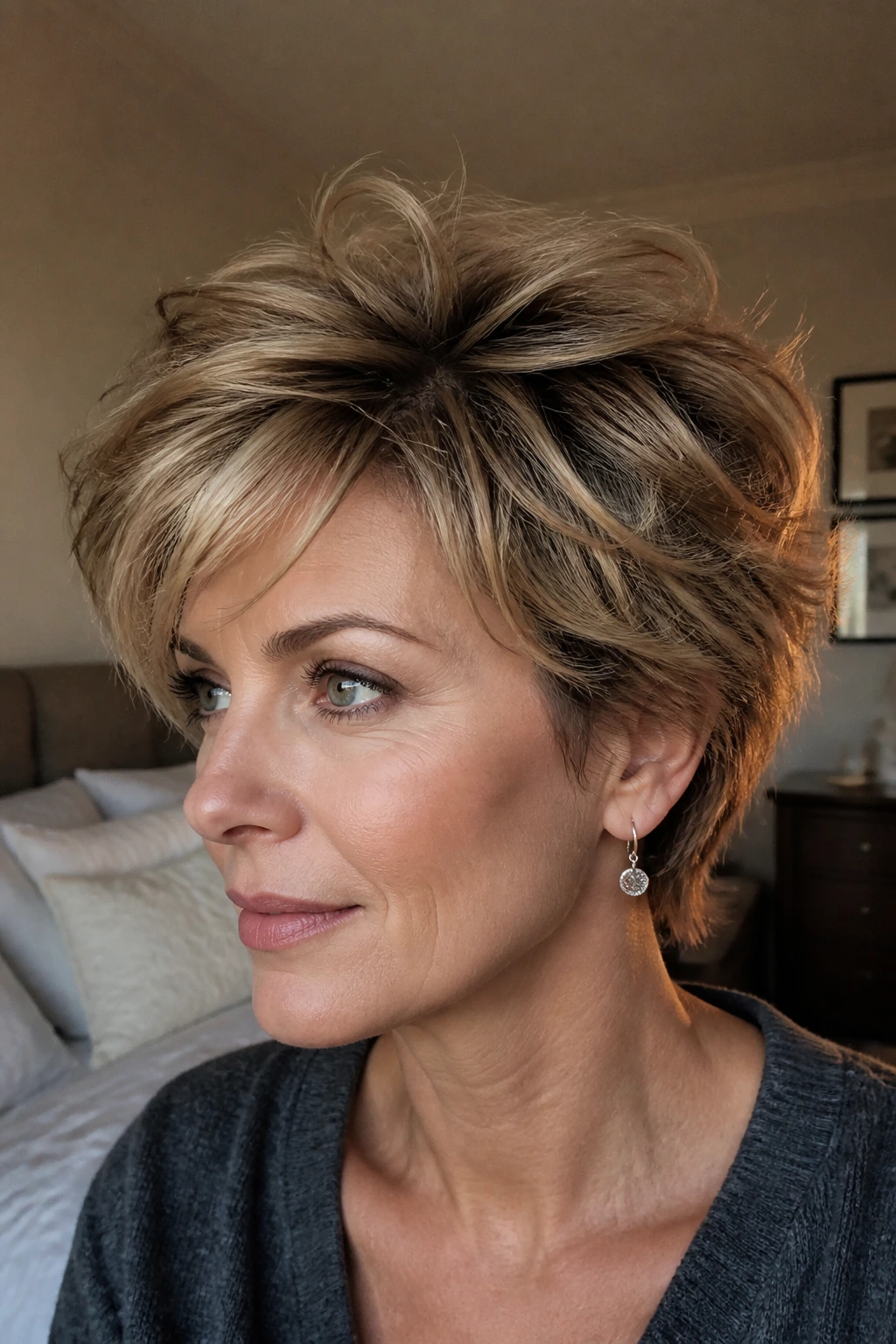 Close-up portrait of a real woman with fine hair showing lift and movement at the crown