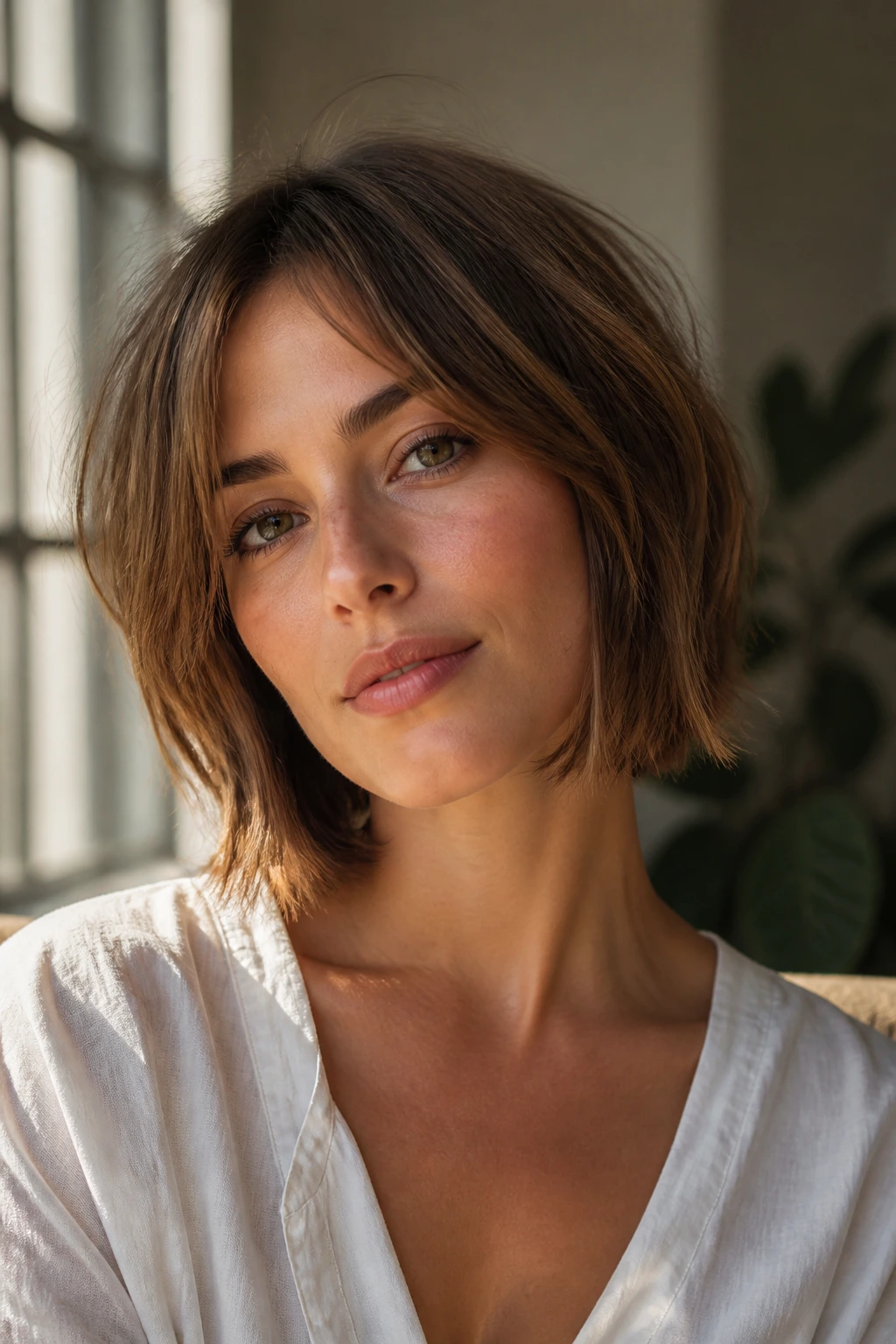 Close-up portrait of a woman with fine hair in warm window light