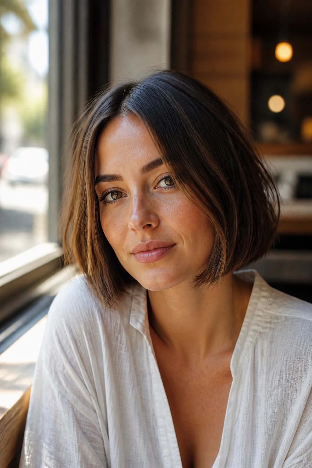 Portrait of a woman with jaw-length bob on an oval face in cafe window light