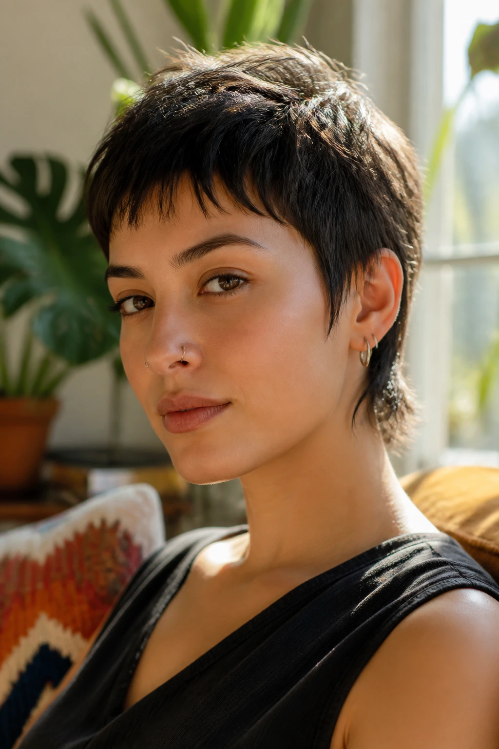 Close-up portrait of a real person with fine hair and an oval face by a sunlit window