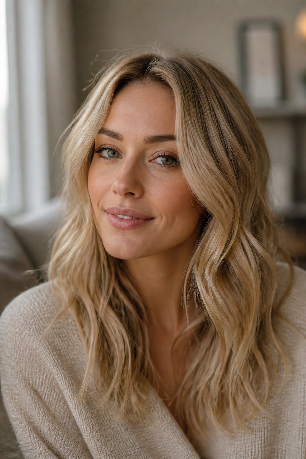 Portrait of a real woman with soft waves framing an oval face