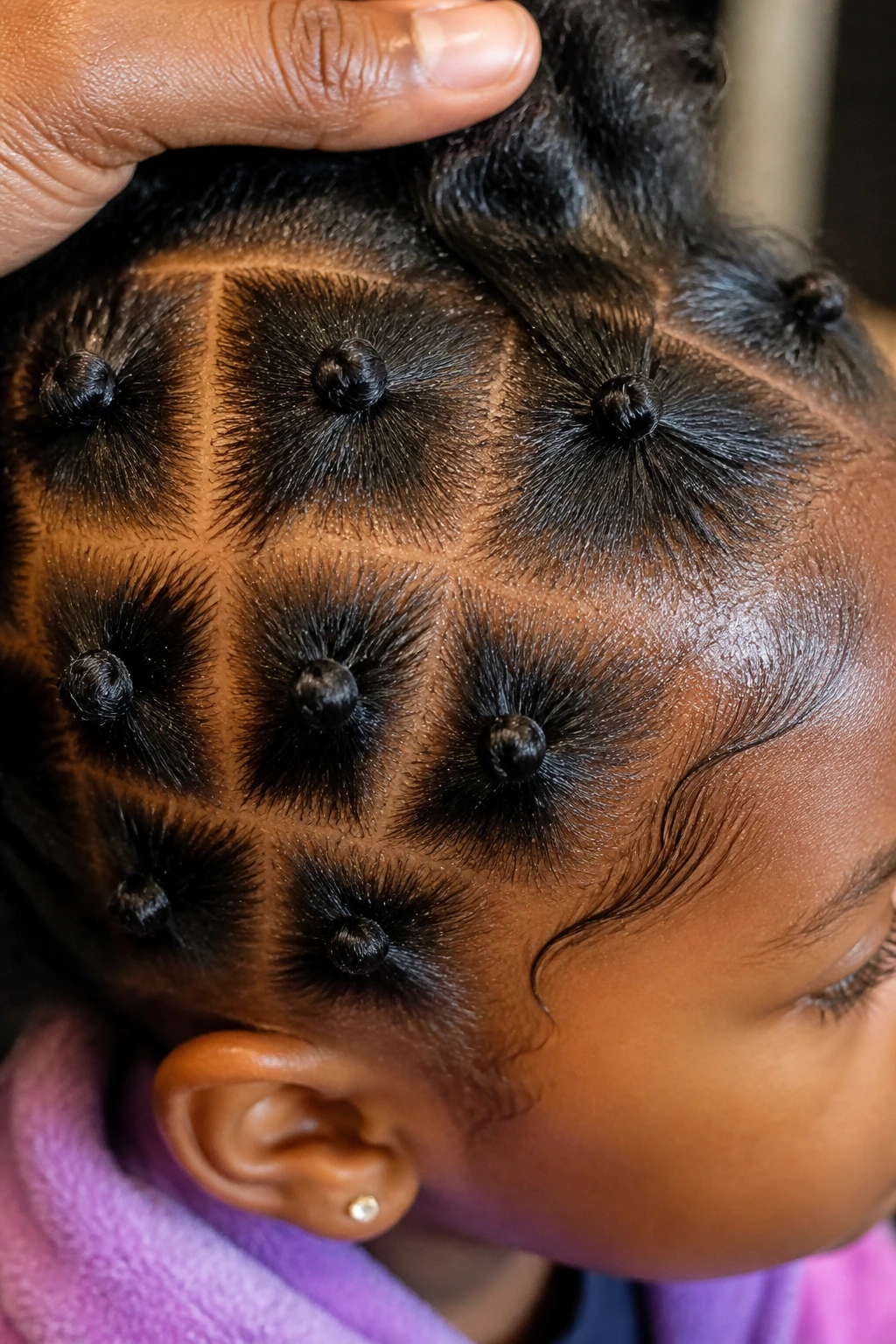 Close-up of a real child's scalp with tiny part squares for braids