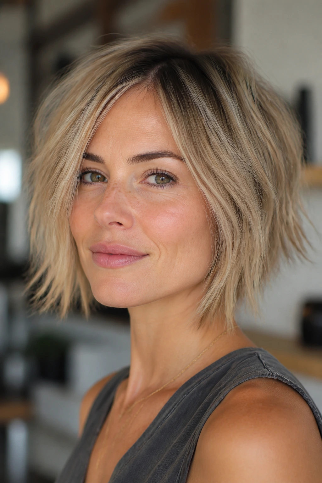 Close-up portrait of a real woman with a fine-hair piecey bob in a sunlit room