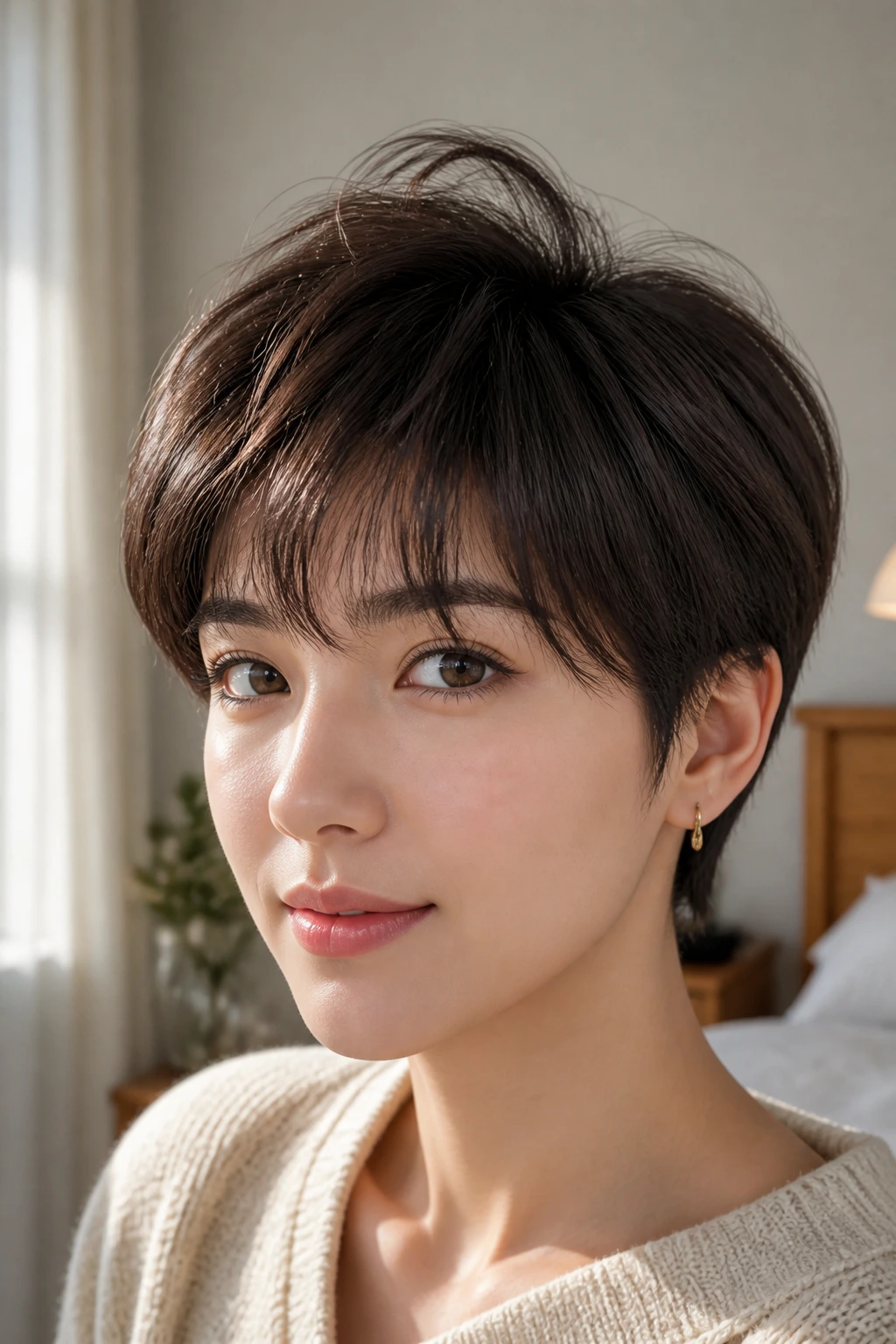 Portrait of a woman with lifted crown bangs in a fine-hair pixie