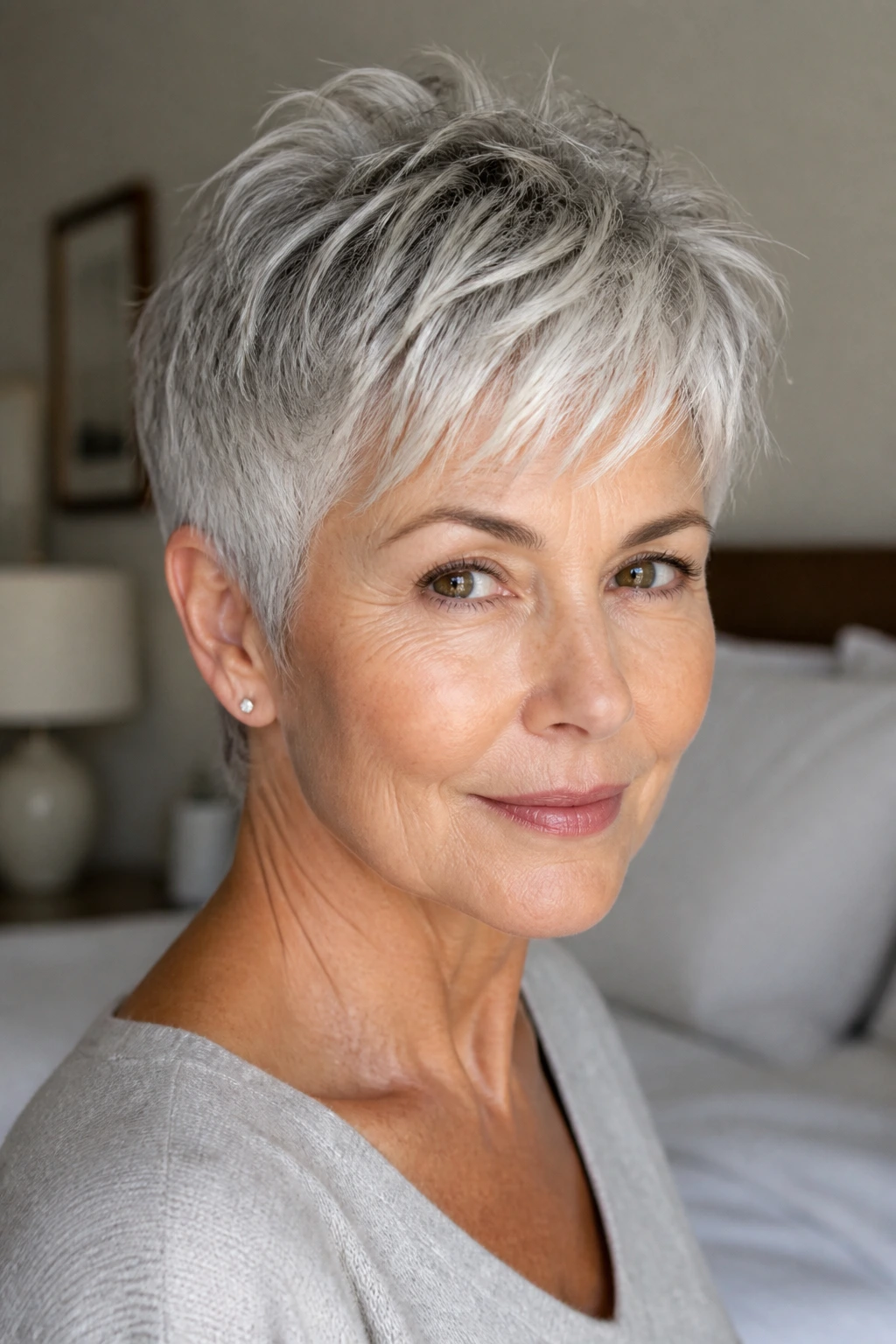Close-up portrait of a real woman with fine silver hair styled in a pixie to show density and texture