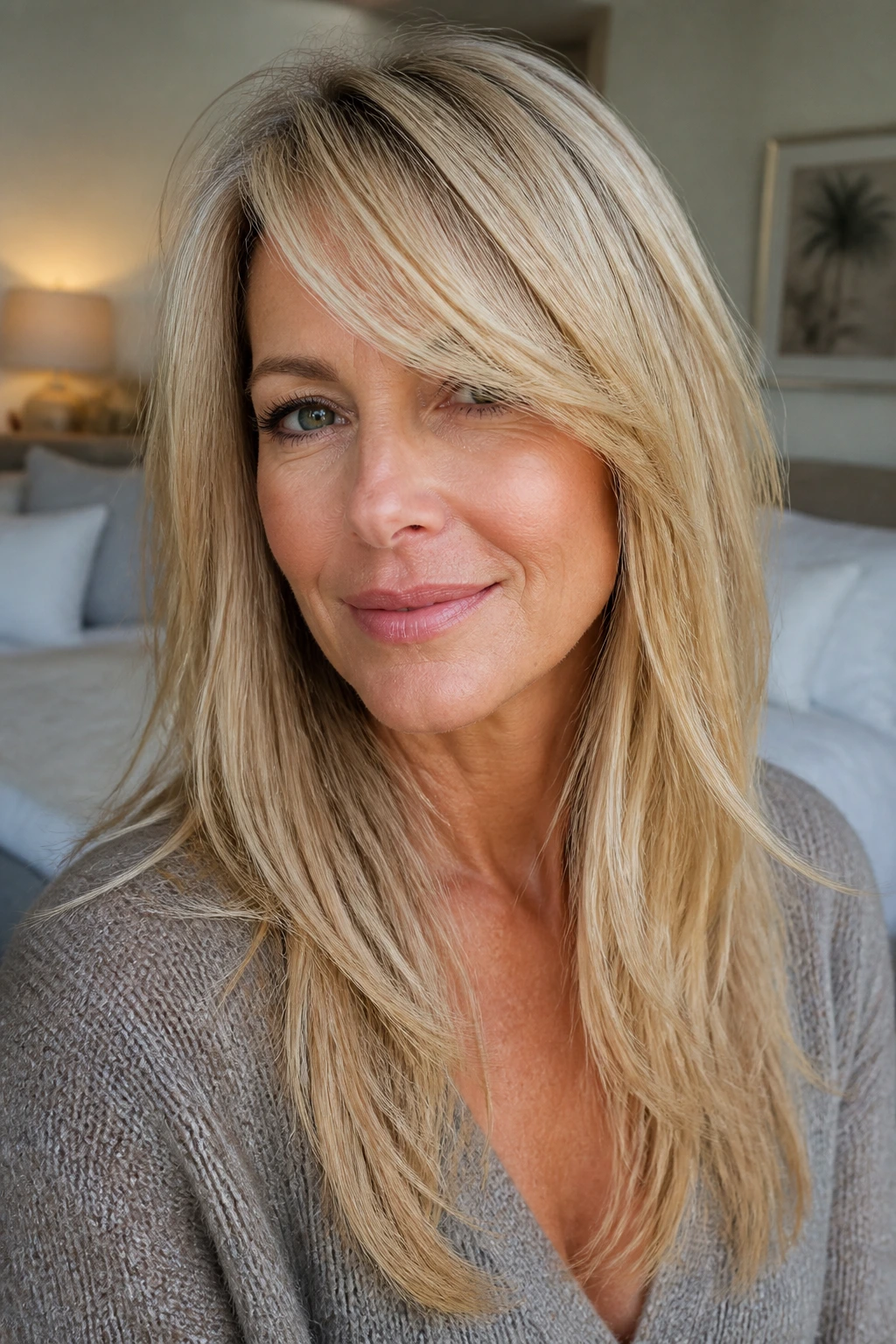 Close-up portrait of a real woman with fine hair and natural volume in window light