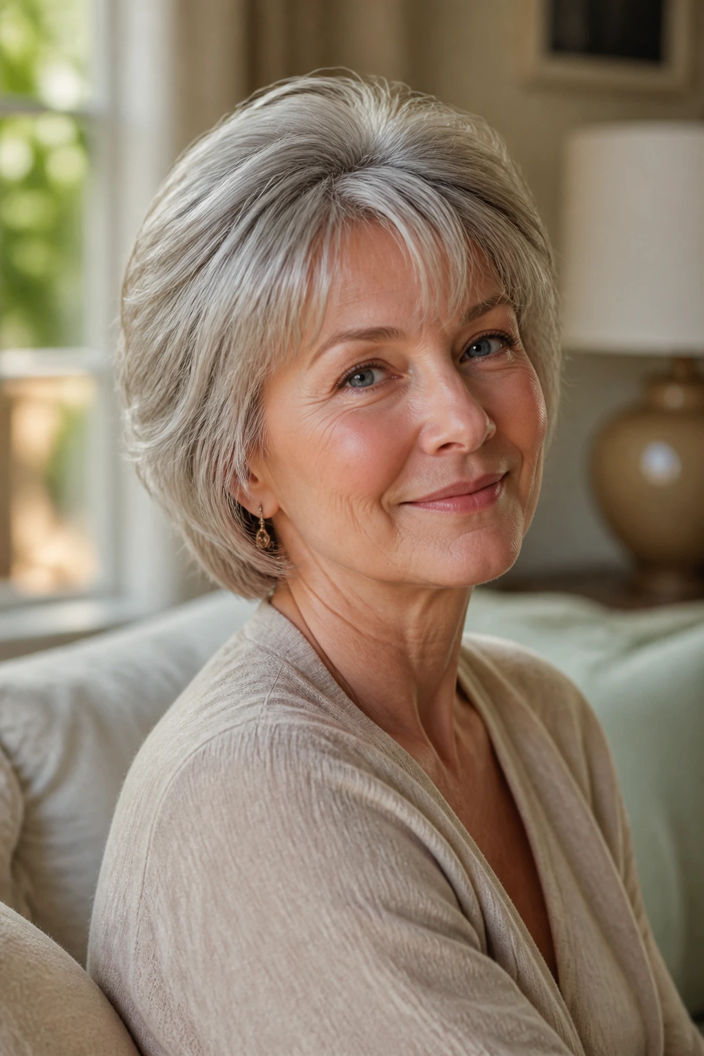Close-up portrait of an older woman with fine hair styled in a soft face-framing layered cut and crown lift