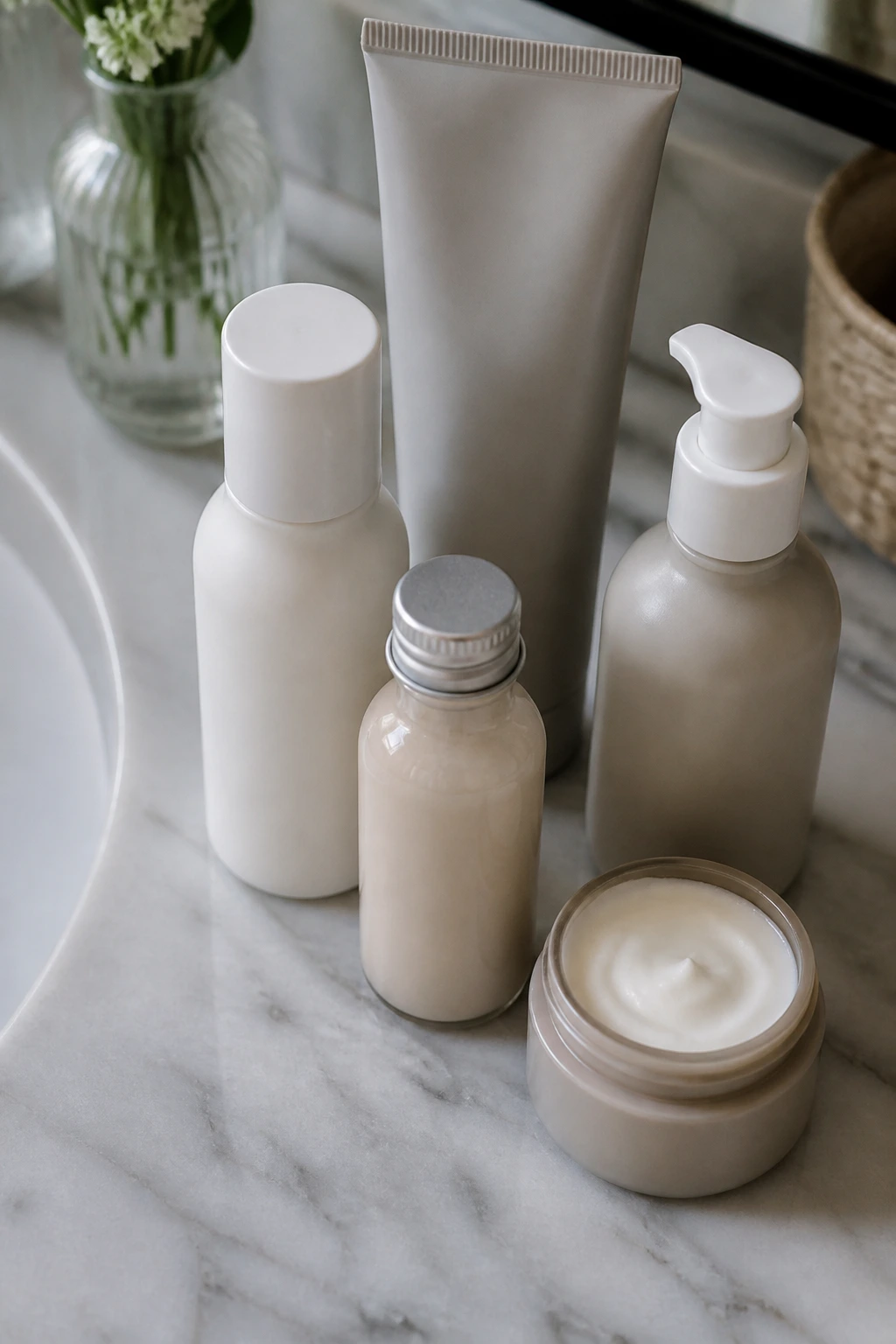 Unlabeled minimalist haircare containers on a bathroom vanity.