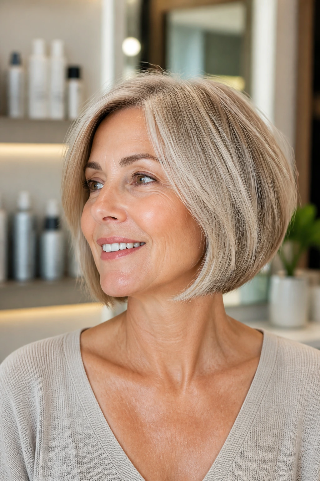 Portrait of a real woman with chin-length hair and subtle product backdrop