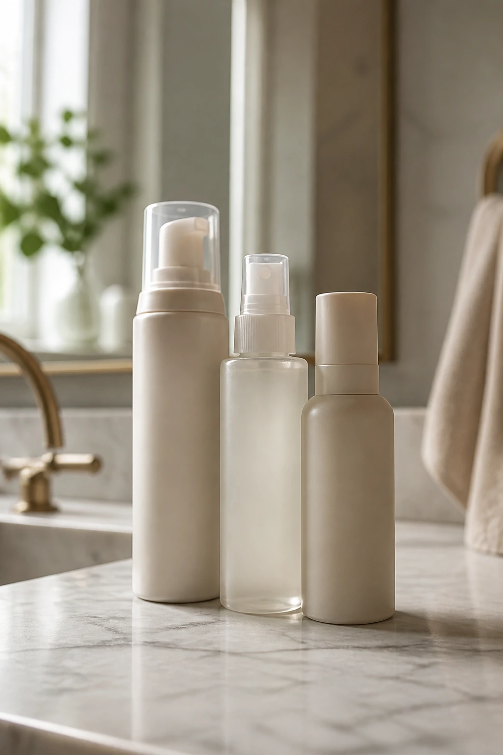 Close-up of generic styling product bottles on a bathroom counter with soft natural light