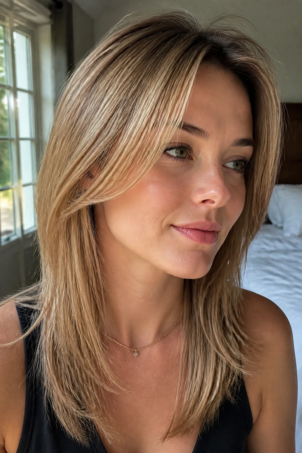 Close-up portrait of a real woman with fine hair and light root lift