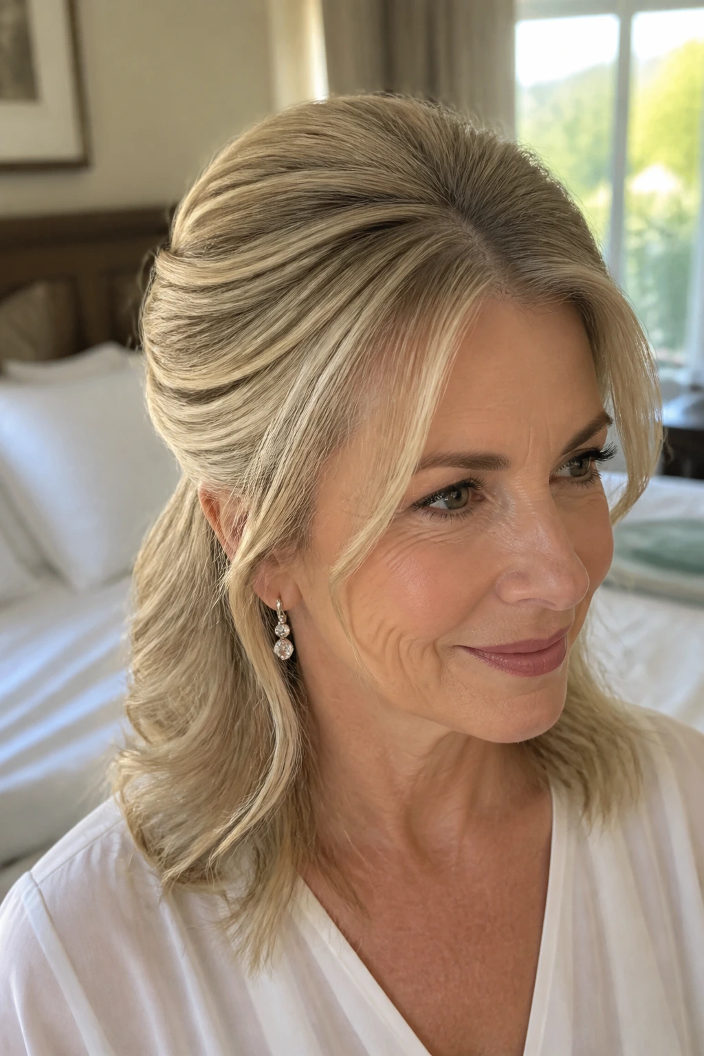 Portrait of a woman with fine hair half-up and root lift.