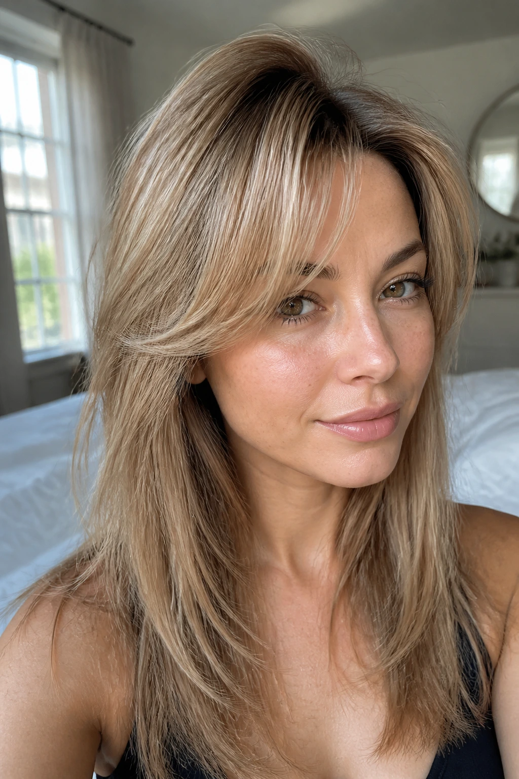Close-up portrait of a real woman with fine hair root-lift fringe showing lifted roots.