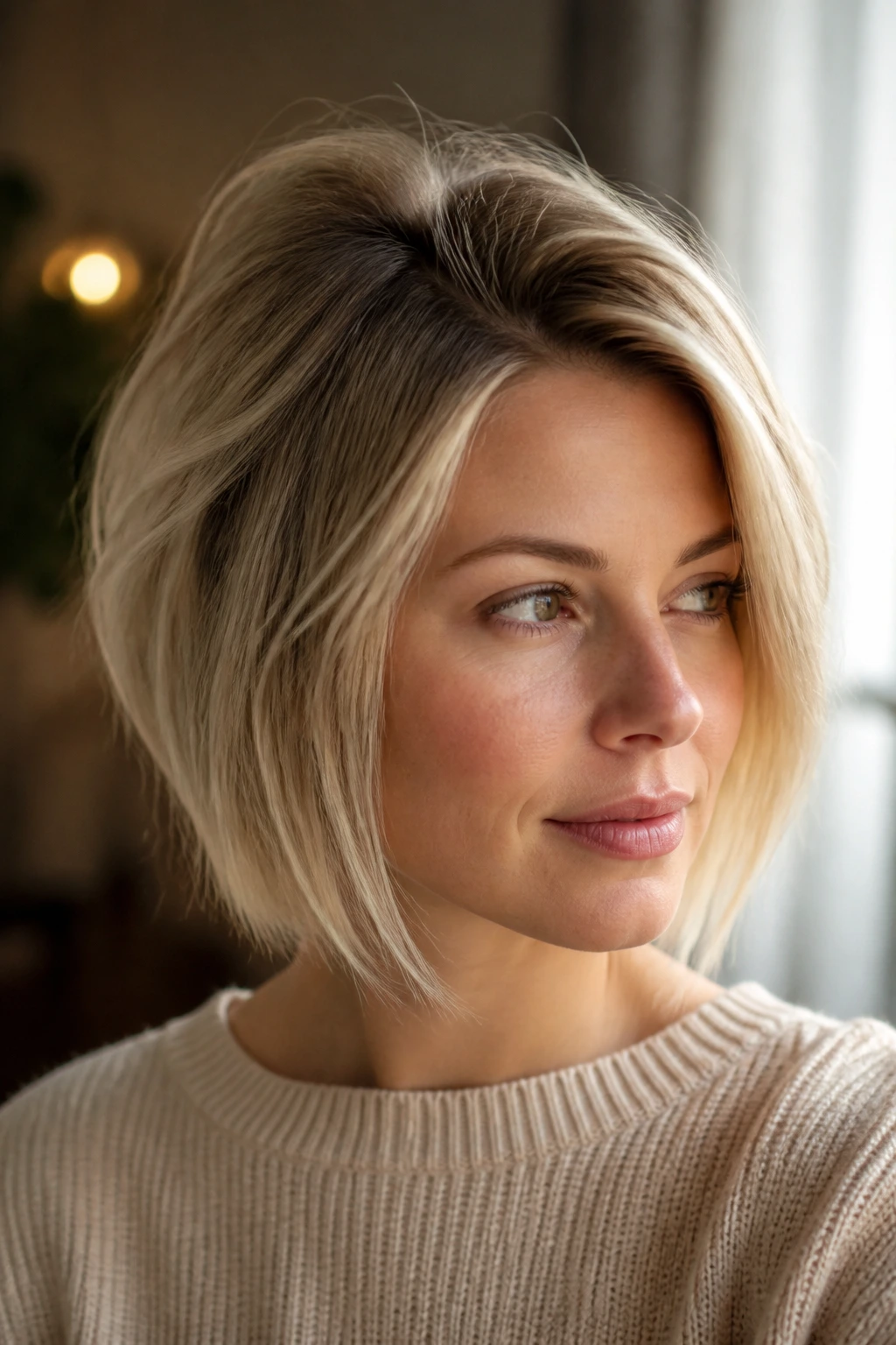 Close-up portrait of a real woman with fine hair showing lifted roots at the crown