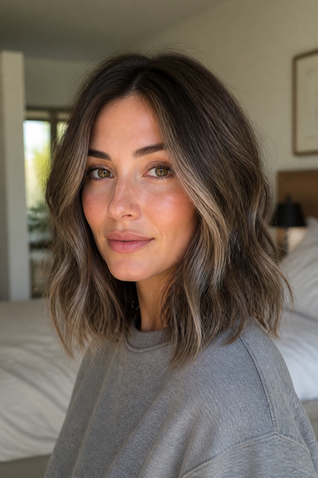Close-up portrait of a real person with fine brunette hair showing subtle root shadow and grey tones