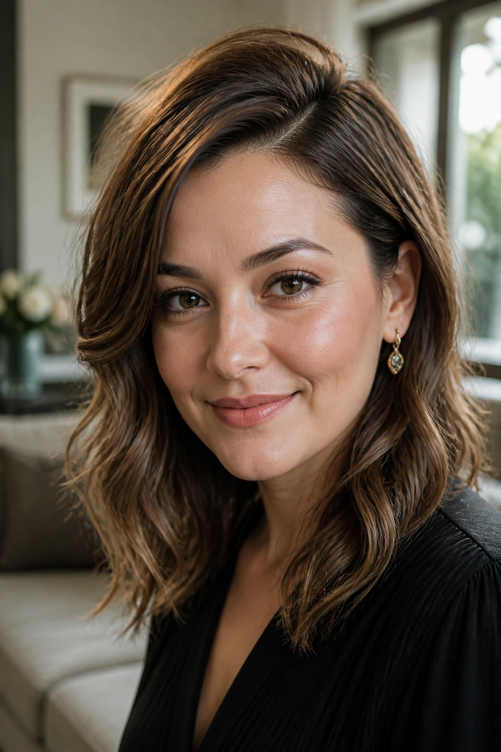 Close-up of a real woman with side-part crown lift on fine hair