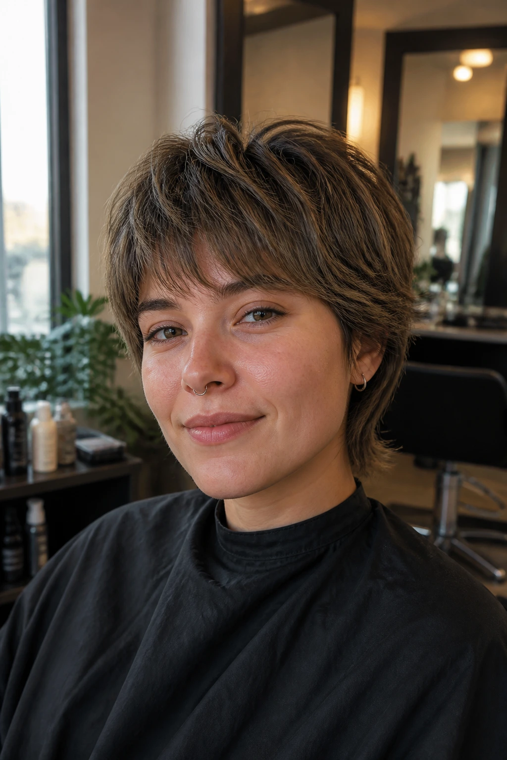 Close-up portrait of a real person with full-looking fine hair in a salon setting