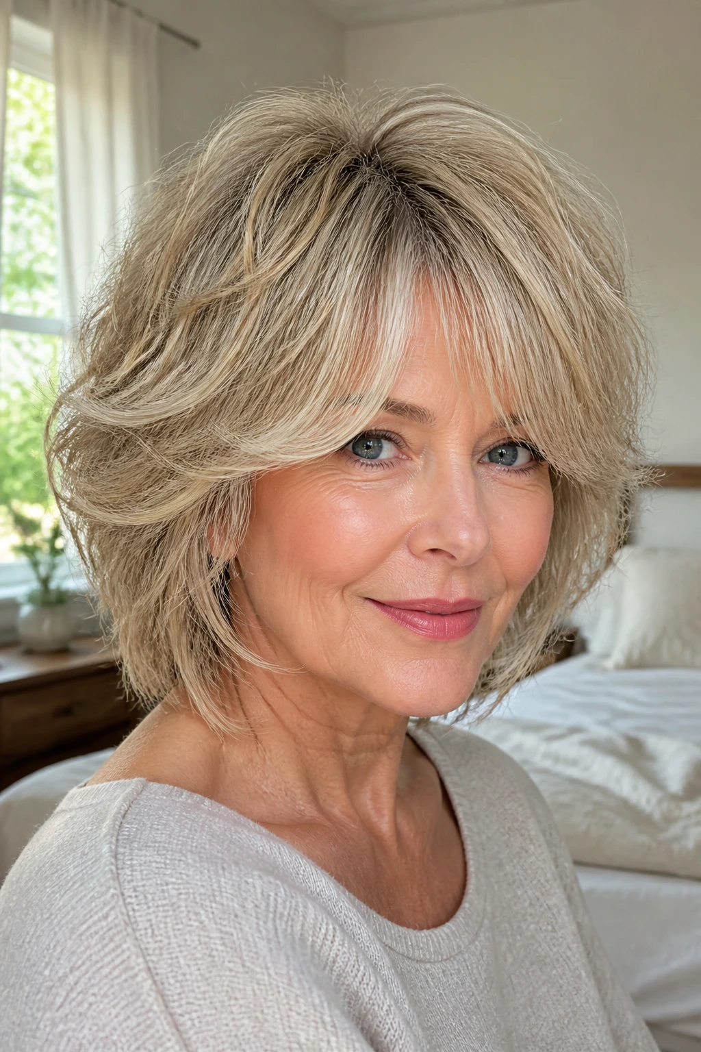 Close-up of a woman with a rounded volume shag for fine hair