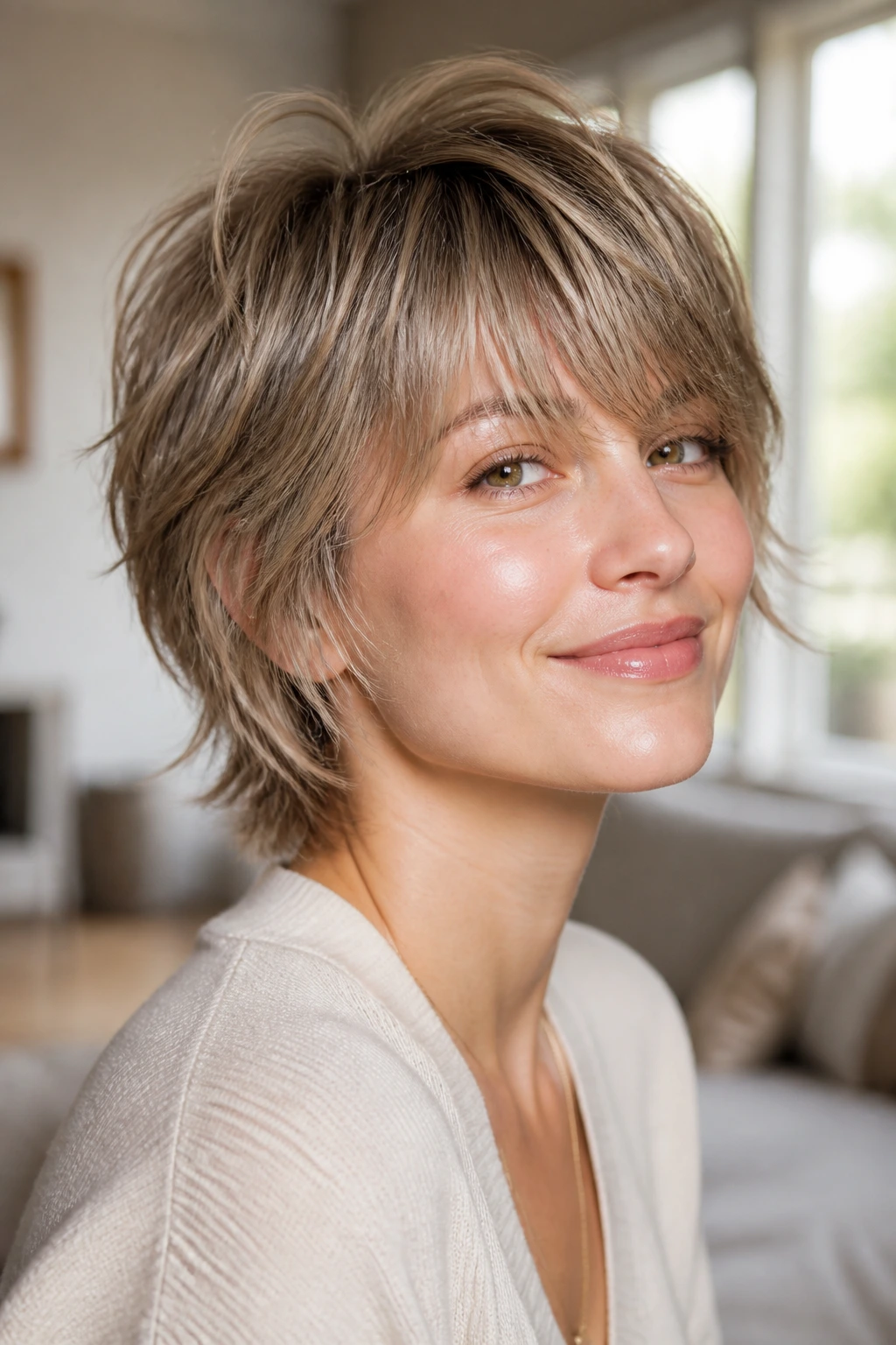 Close-up of a real person with fine-hair shag and crown layers