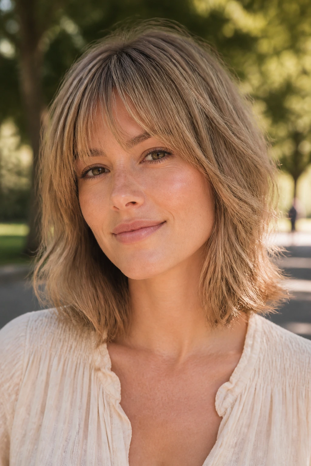 Close-up of a woman with fine-hair shag and wispy bangs in park sunlight