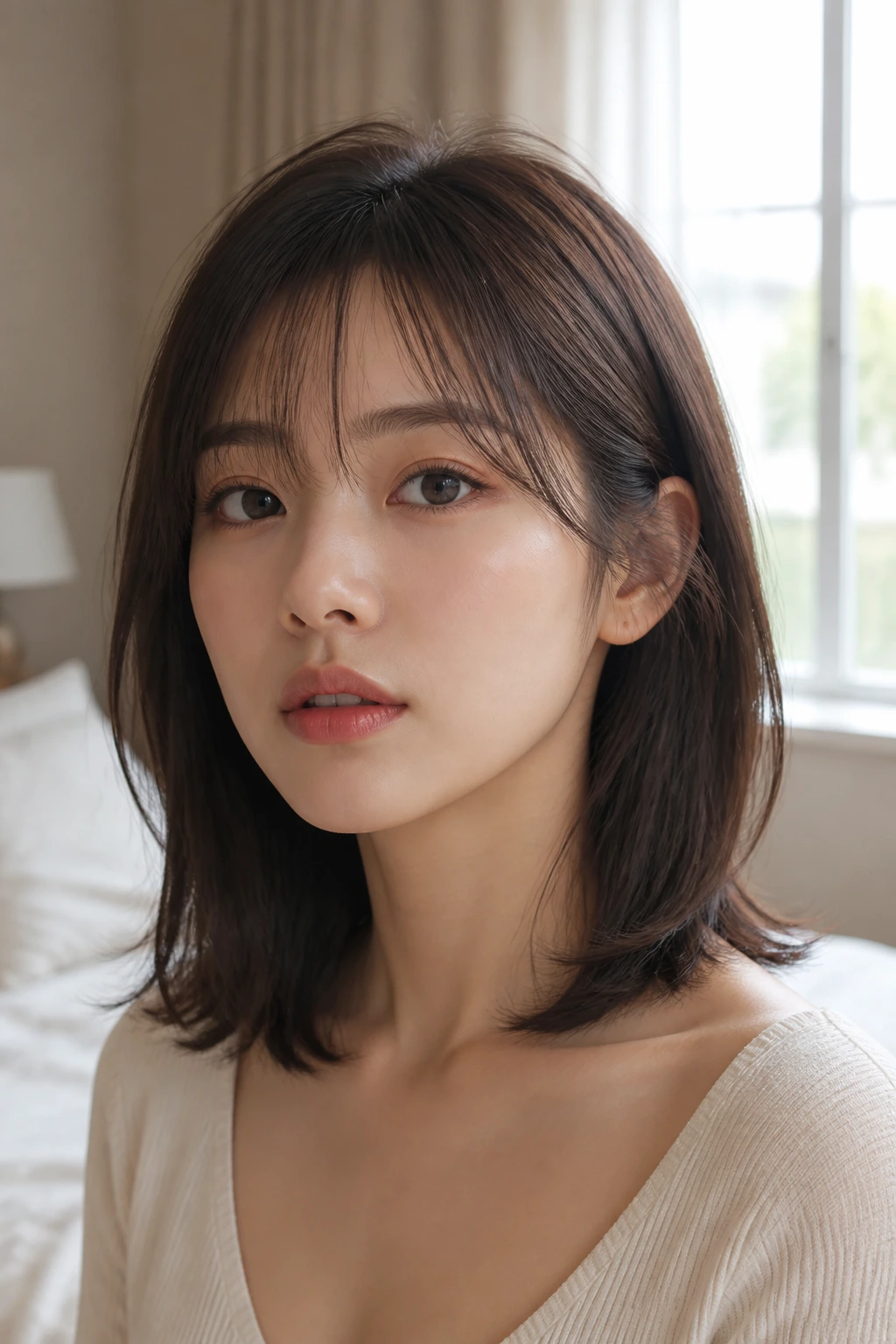 Close-up of a real woman with a flattering fringe and collarbone-length cut showing shape for fine hair