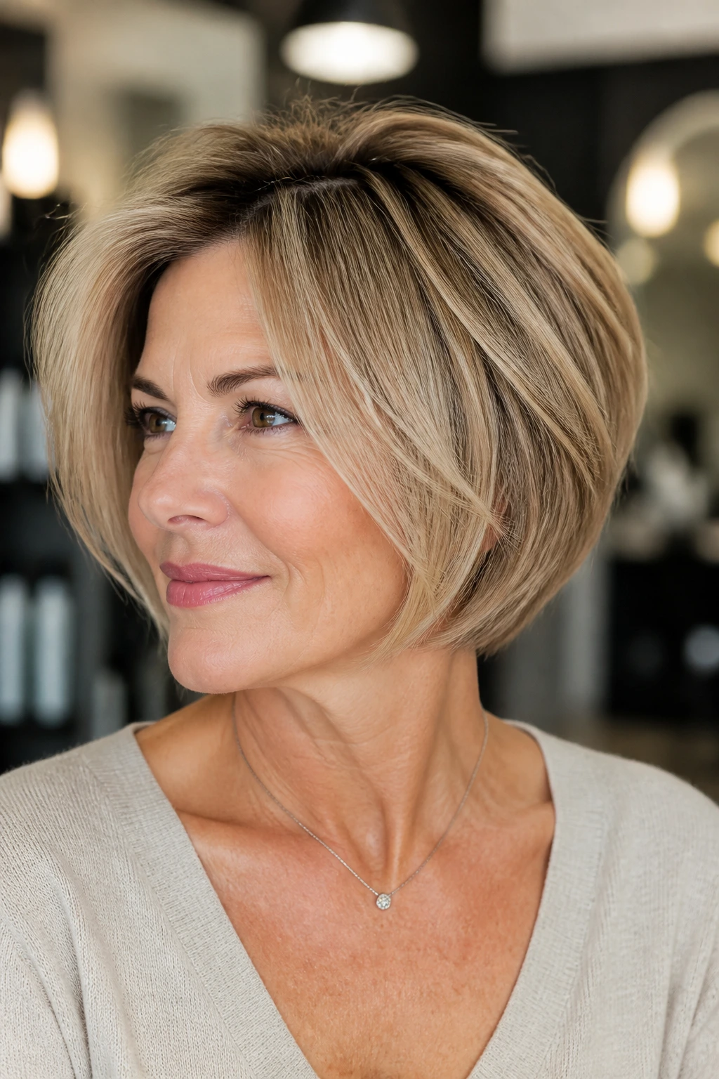 Close-up of a real woman with fine hair showing perimeter hold and crown lift