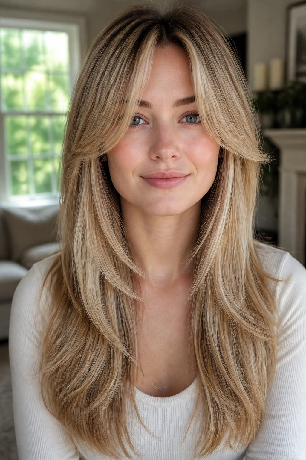 Close-up portrait showing shape-focused fine hair before waves