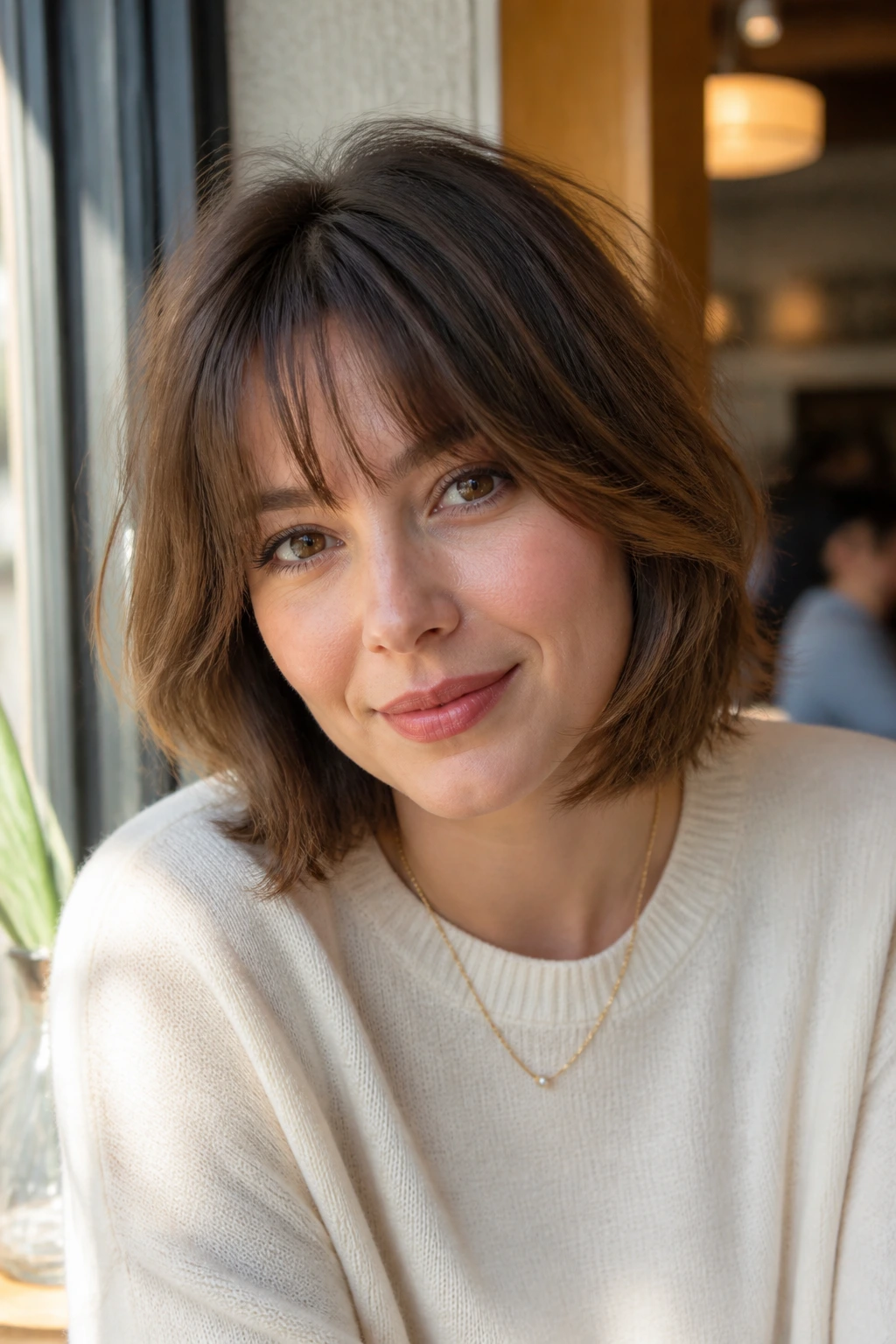 Close-up of a real woman with short face layers and soft fringe for fine hair