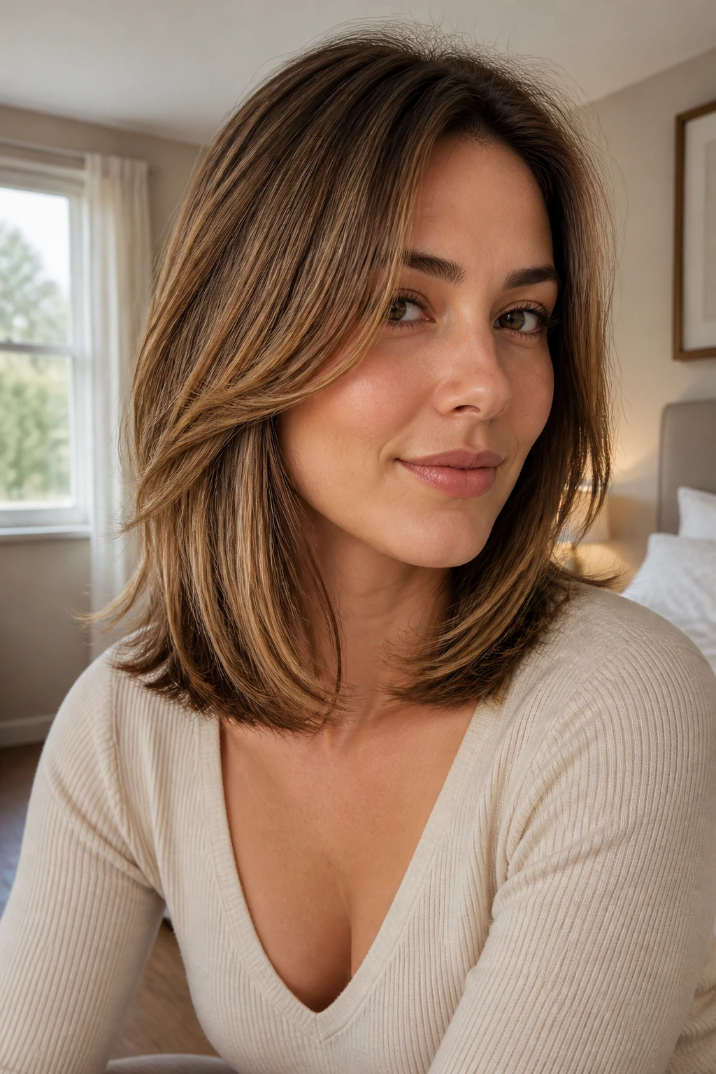Close-up of a real woman with shoulder-length hair showing fullness from blunt hem and soft face-framing layers