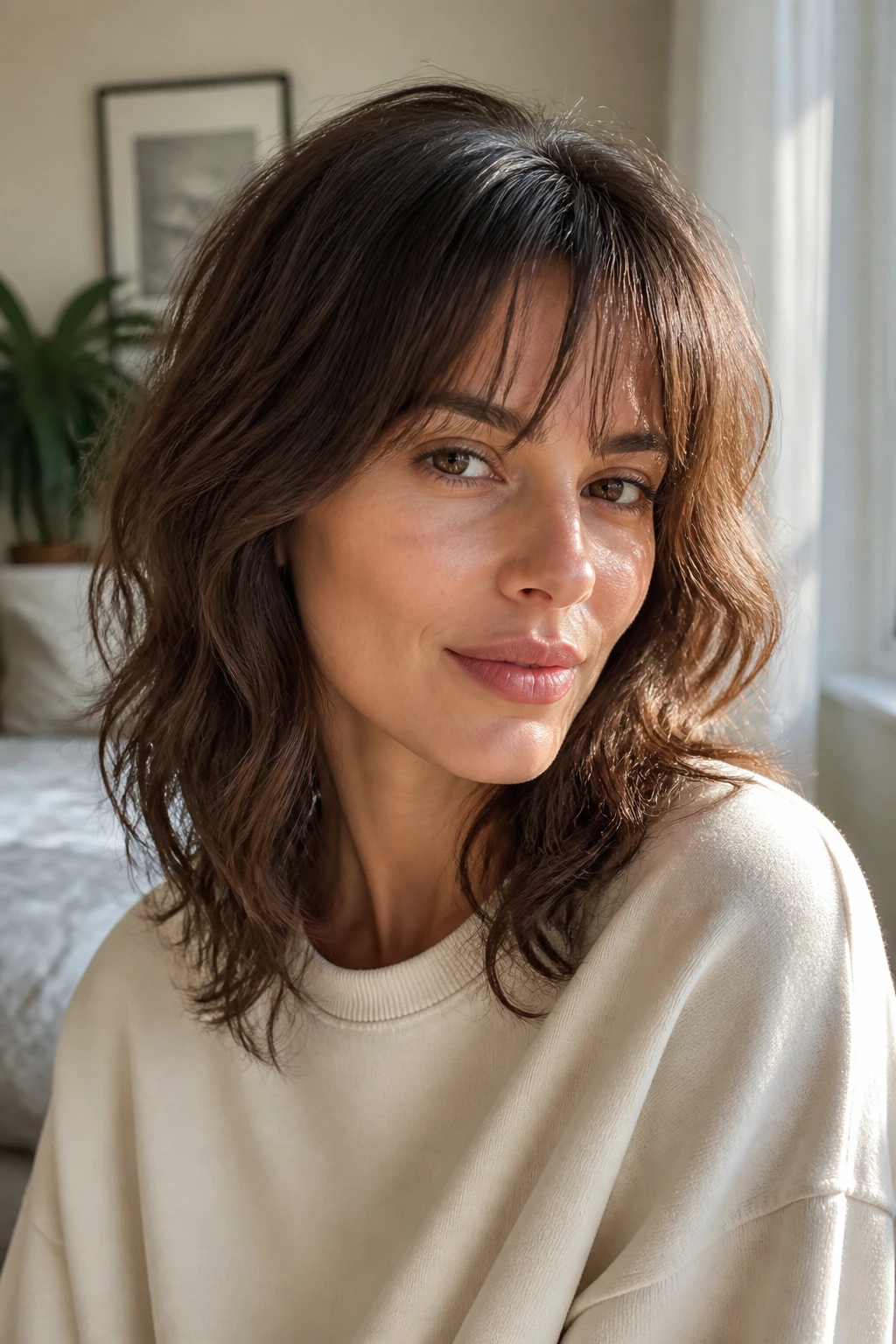 Close-up of a real person with fine wavy hair and light fringe