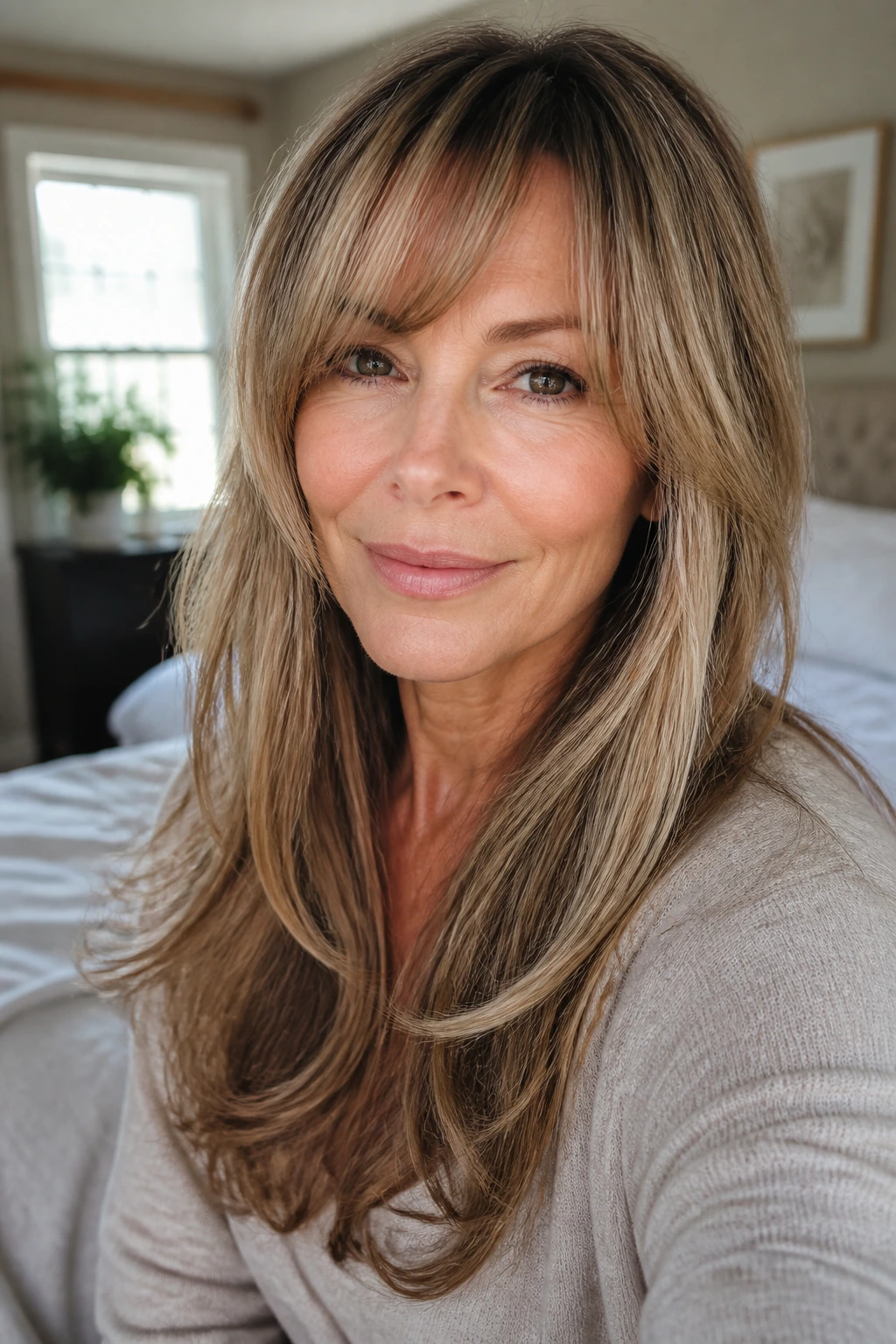 Close-up of a real woman with long fine hair and soft shadow lowlights