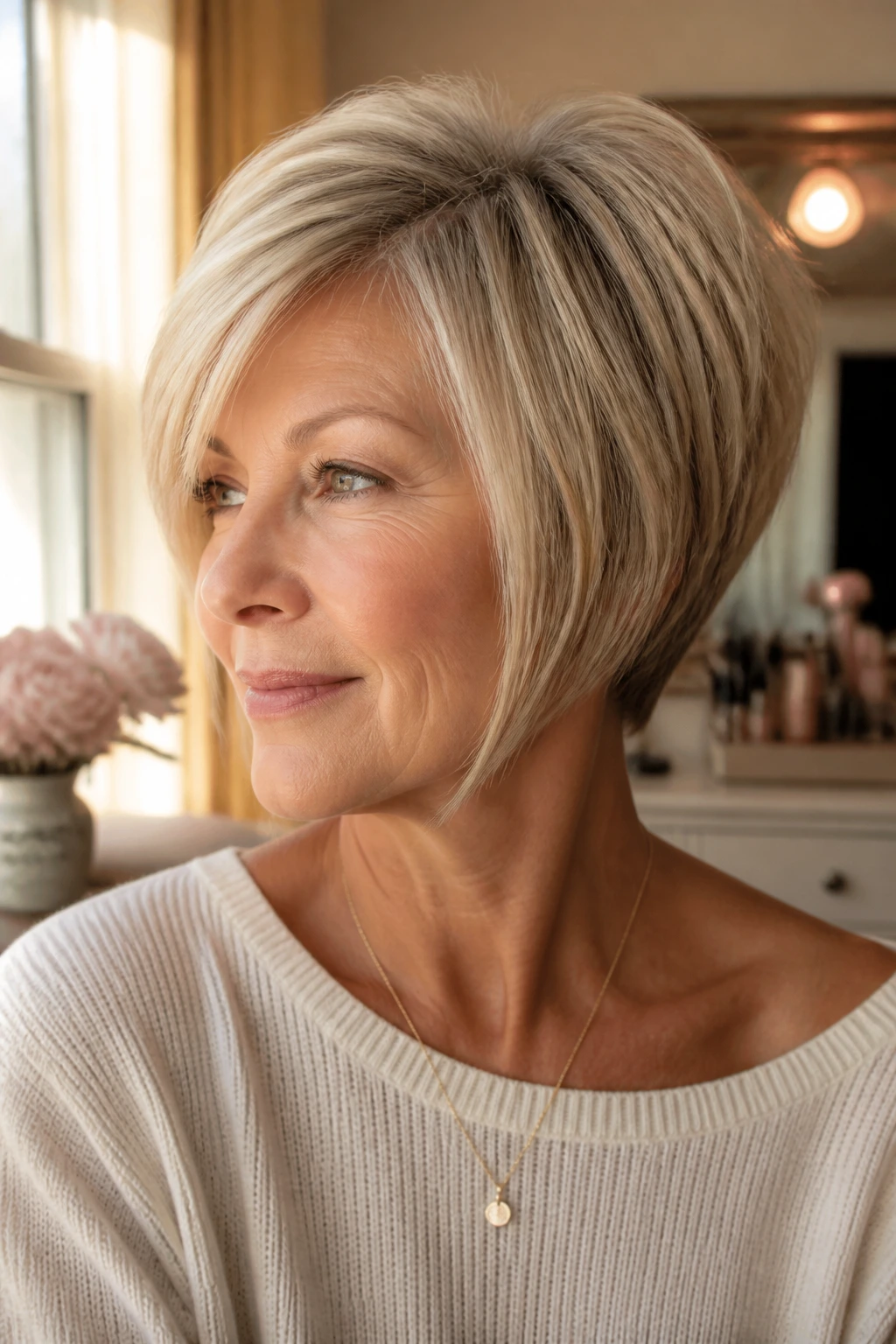 Close-up of a real woman with a fine-hair bob and a soft crown stack