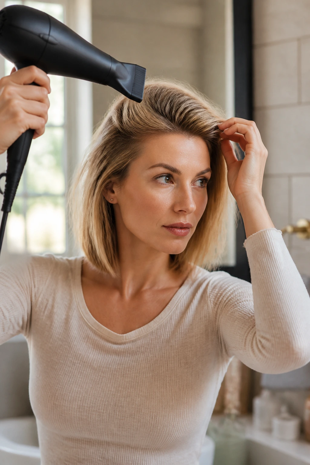 Woman styling fine hair with a blow dryer, minimal product, crown lift
