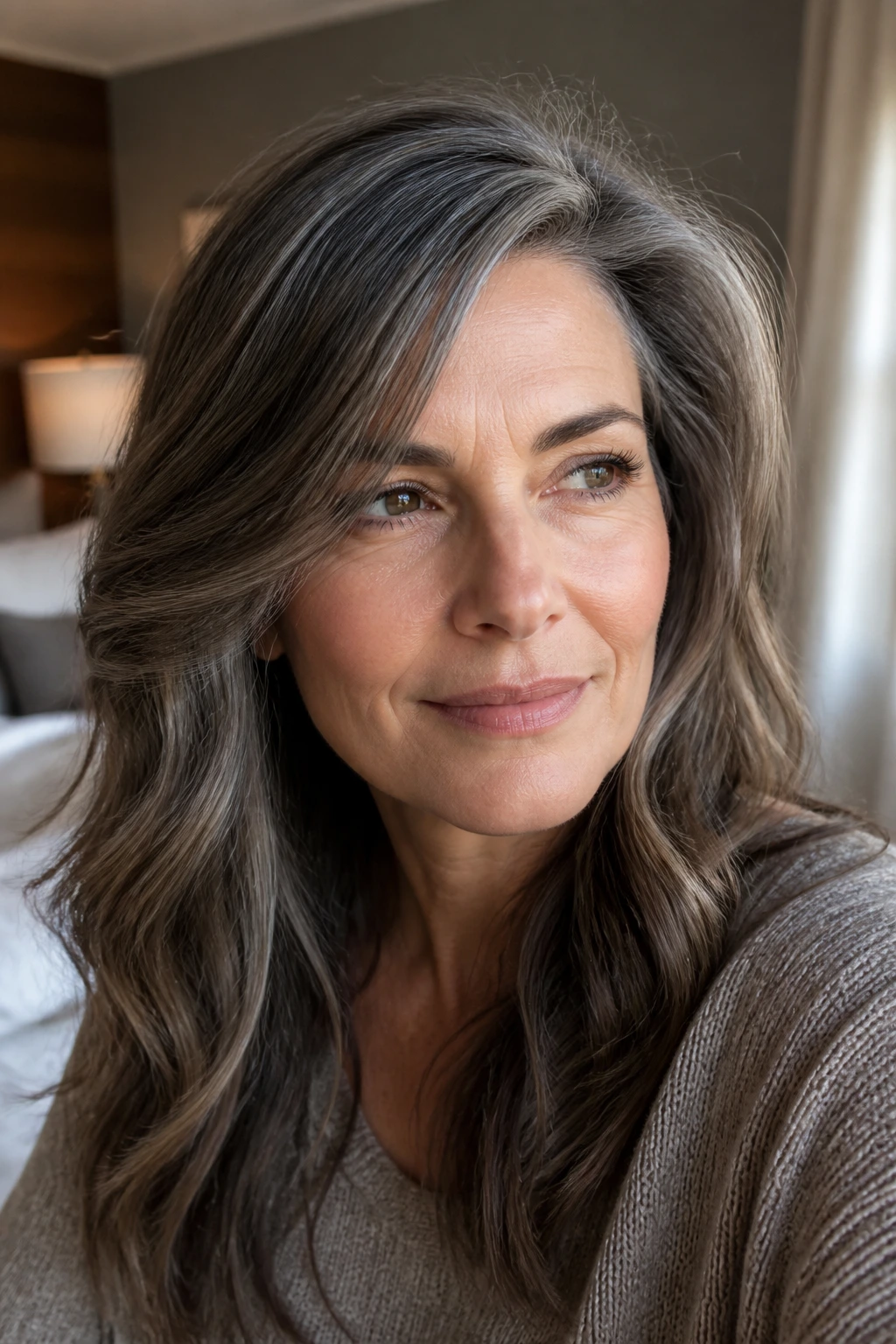 Portrait of a real woman with fine brunette hair styled to add volume and movement.