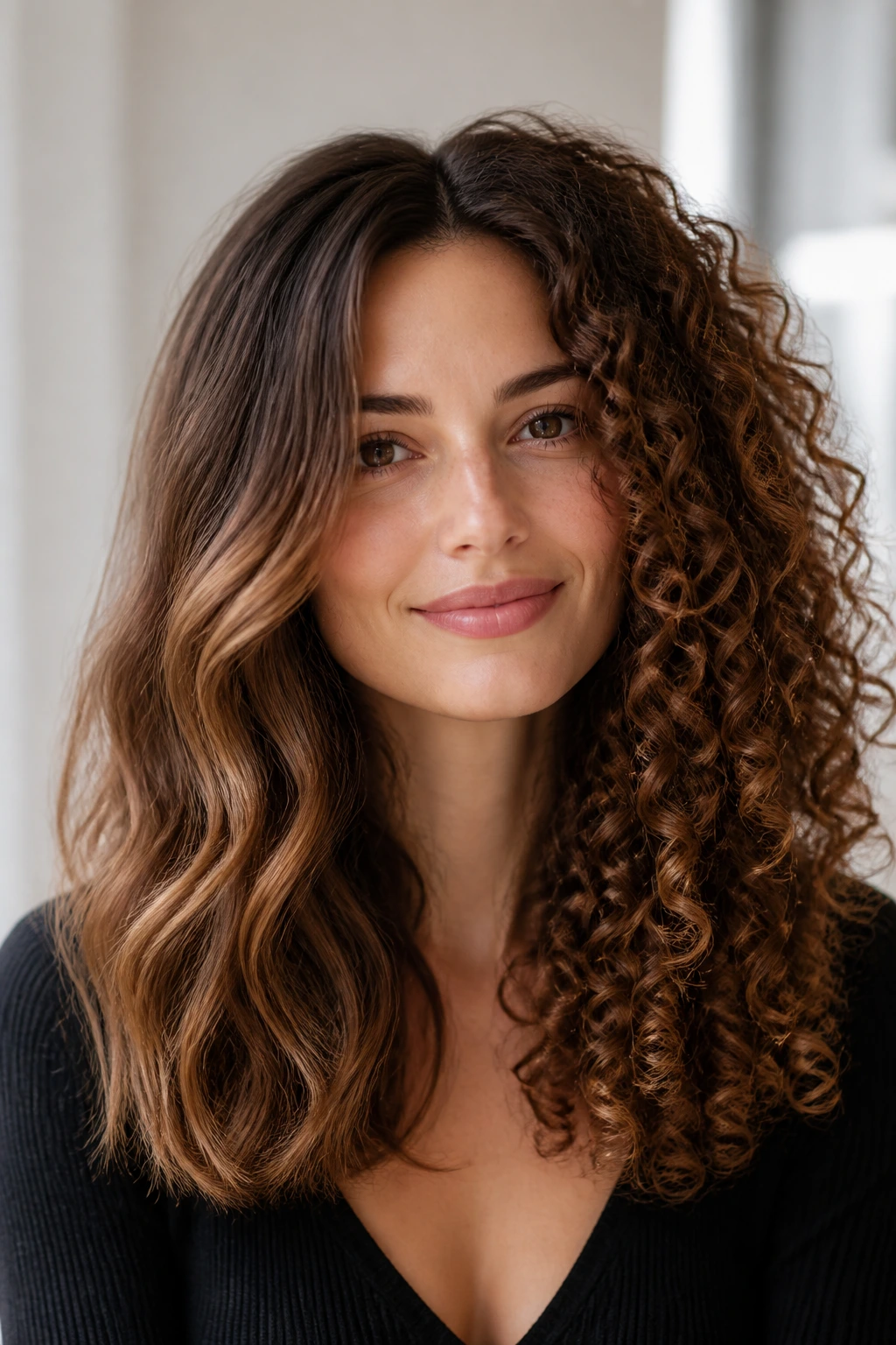 Portrait showing different hair texture variations: fine, thick, and natural curls