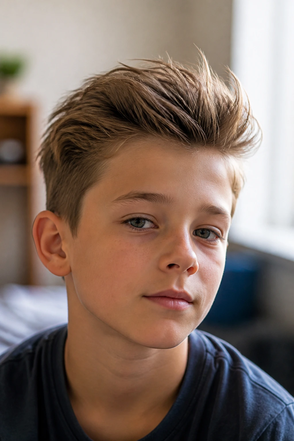 Close-up of a real boy's fine hair styled to look thicker with root lift