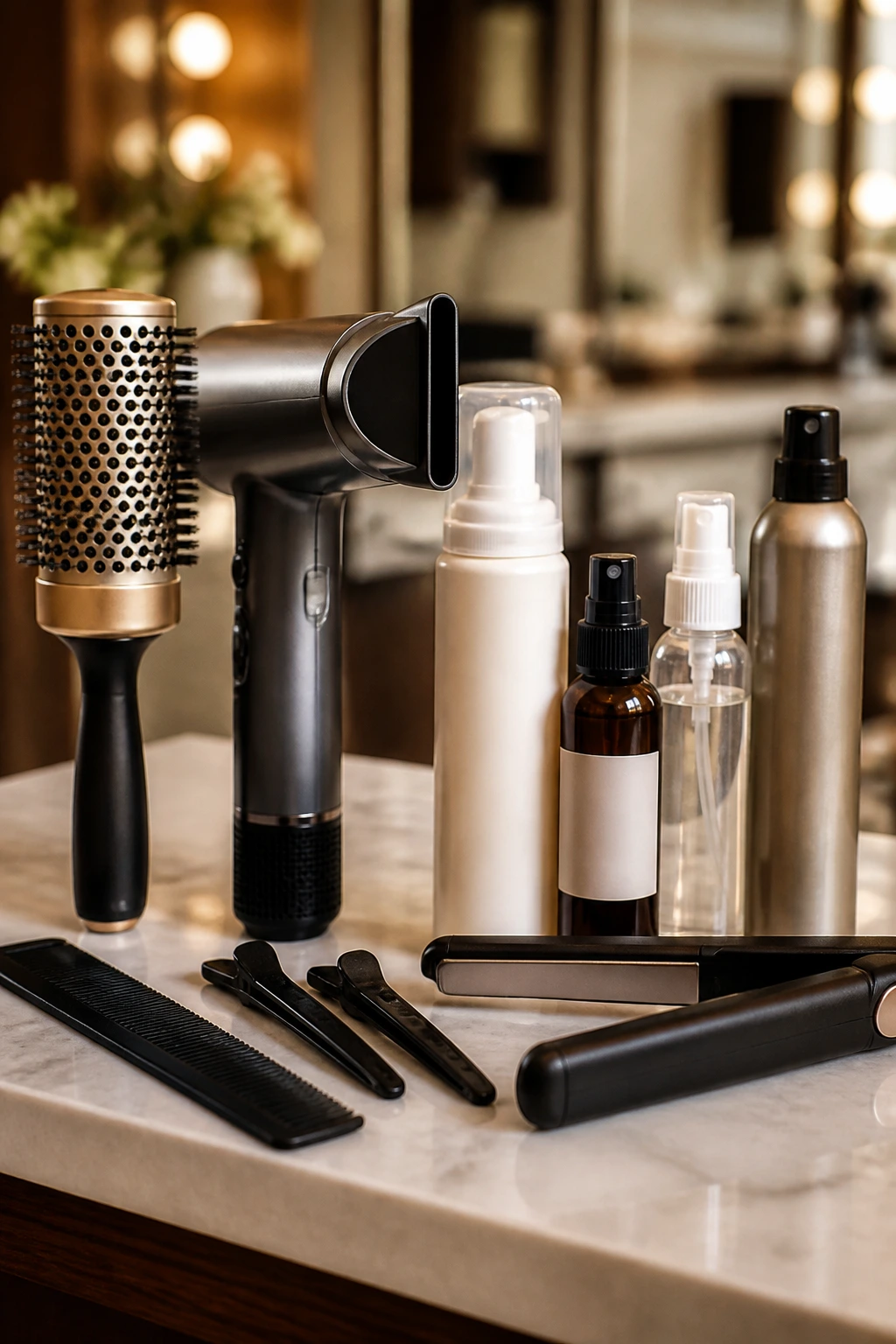 Close-up of essential tools for styling a fine bob arranged on a salon counter